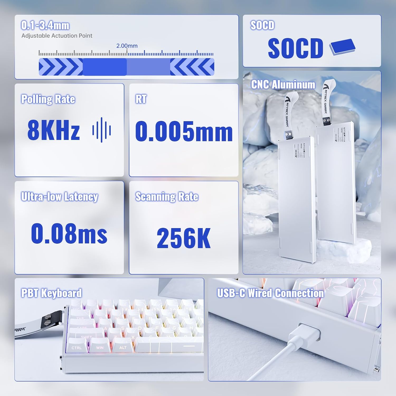 ATTACK SHARK X68MAX HE Wired Rapid Trigger Mechanical Creamy TKL RGB Gaming Keyboard with Full Aluminum CNC,8K Polling,0.005mm Accuracy,Hall Effect Magnetic Switch,NKRO,Driver for PC(White Contour)