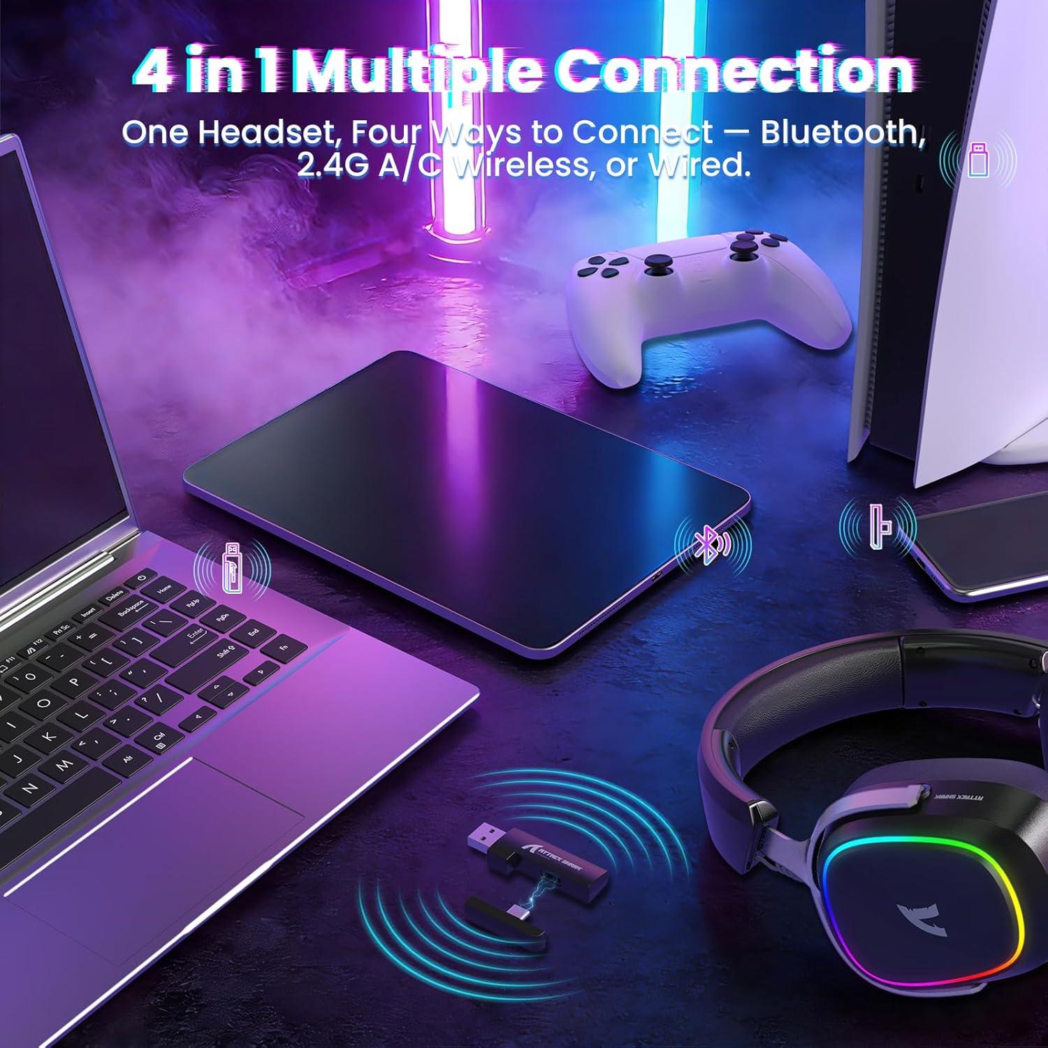ATTACK SHARK G800 Wireless RGB Gaming Headset:7.1 Surround Sound-50mm Drivers-Memory Foam Ear Pads,Wired/2.4Ghz/BT,Ultralight,Durable Aluminum Frame,Detachable Mic,Programmable for PC Mac Gamer(Black)
