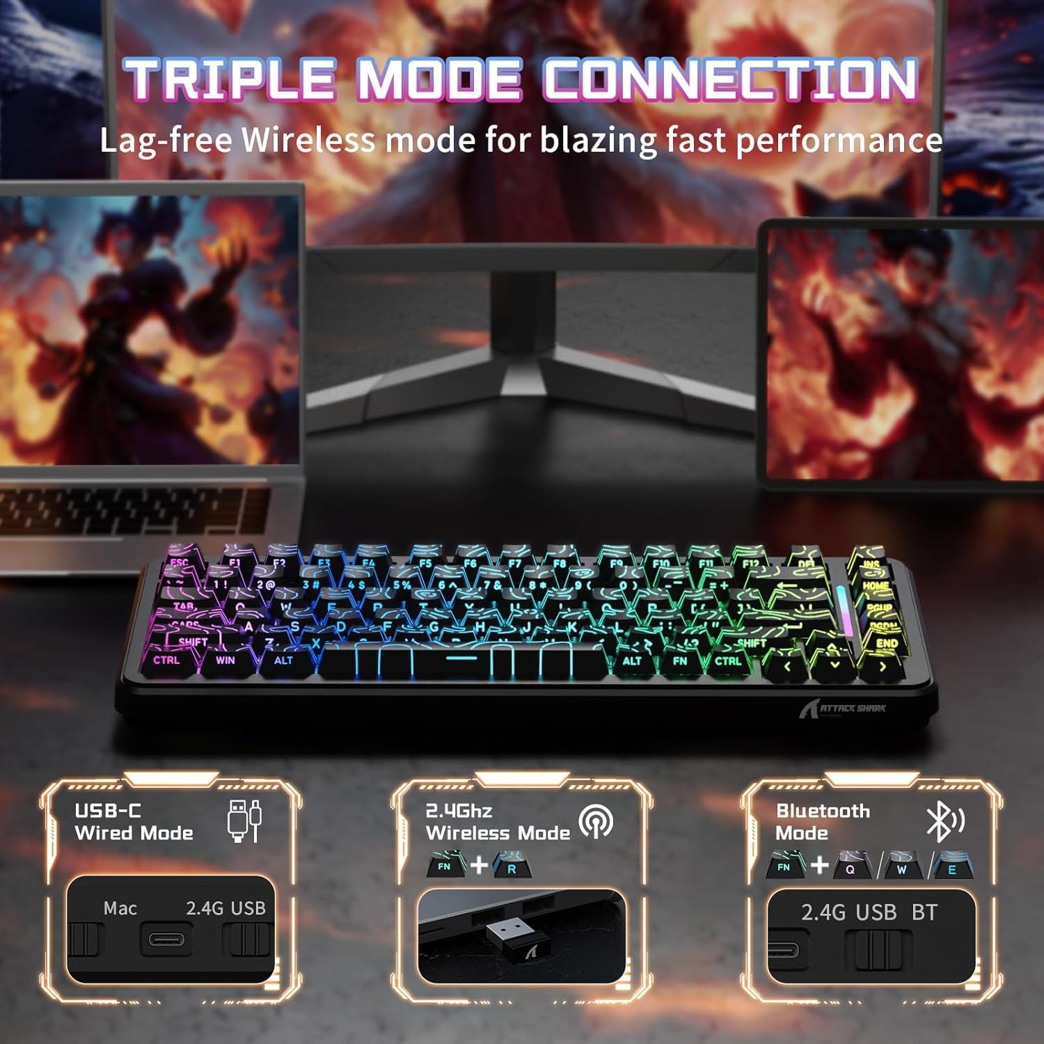 ATTACK SHARK X82 PRO HE Wireless Rapid Trigger RGB Mechanical Gaming Keyboard with Adjustable Actuation,2.4G/Wired/BT,8K Polling Rate,Hall Effect Magnetic Switch,5000mAh Battery for FPS(Black Contour)