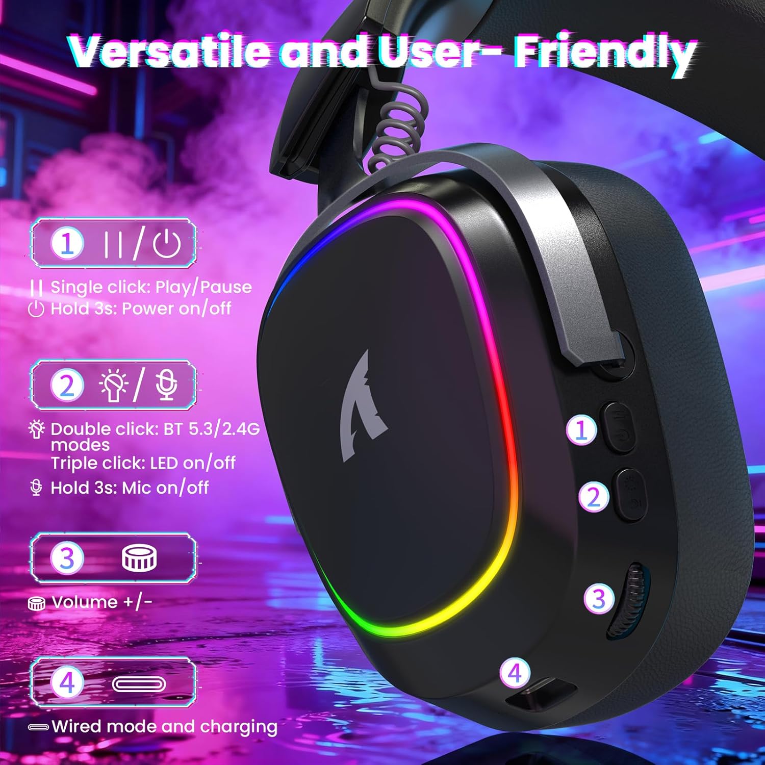 ATTACK SHARK G800 Wireless RGB Gaming Headset:7.1 Surround Sound-50mm Drivers-Memory Foam Ear Pads,Wired/2.4Ghz/BT,Ultralight,Durable Aluminum Frame,Detachable Mic,Programmable for PC Mac Gamer(Black)