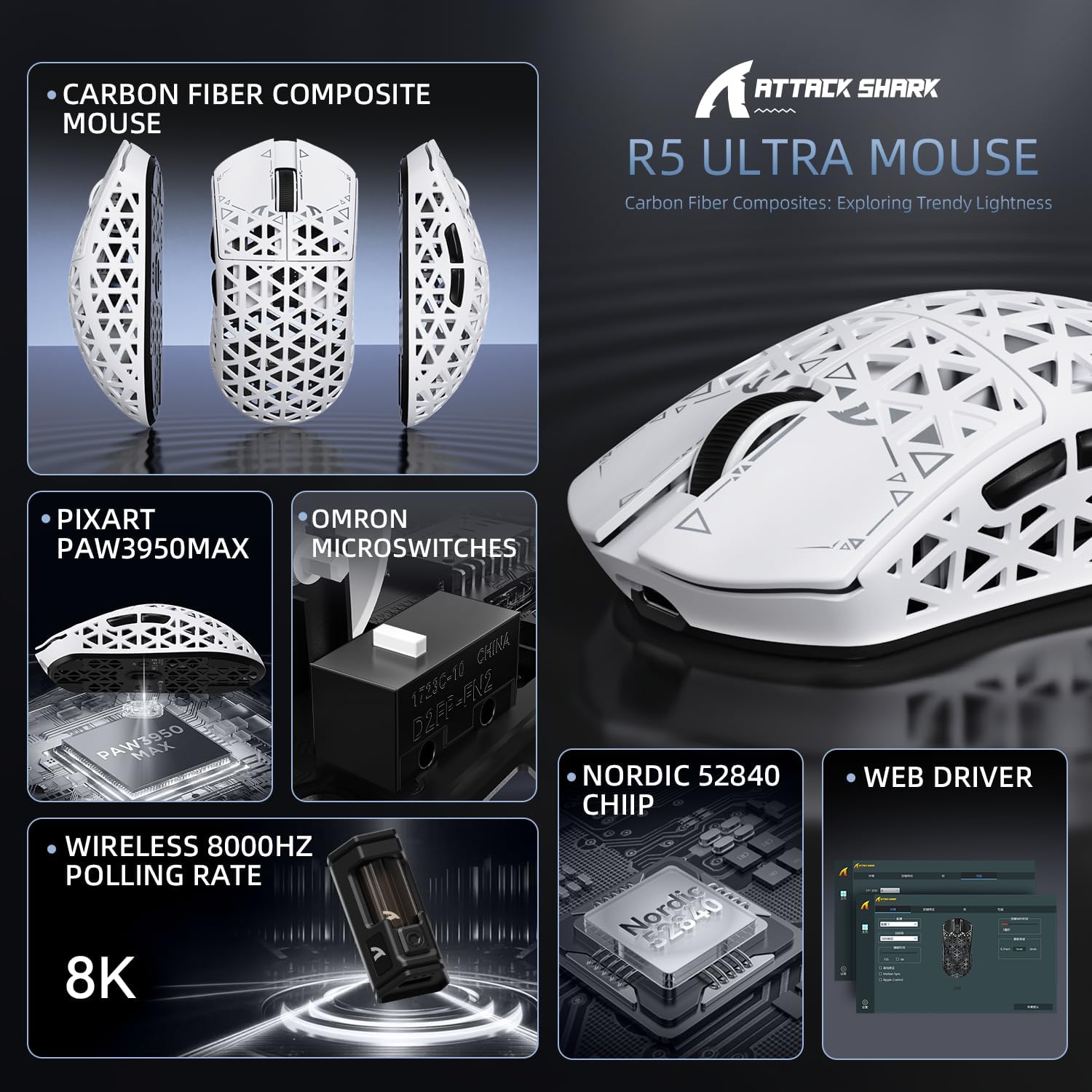 ATTACK SHARK R5Ultra 8K Carbon Fiber Wireless Gaming Mouse with 42000 DPI -PAW3950 MAX Sensor -39g Ultra-Lightweight-Nordic 52840 MCU Chip-Wired/BT/2.4GHz Wirelss Programmable Mouse for PC/Mac (White)