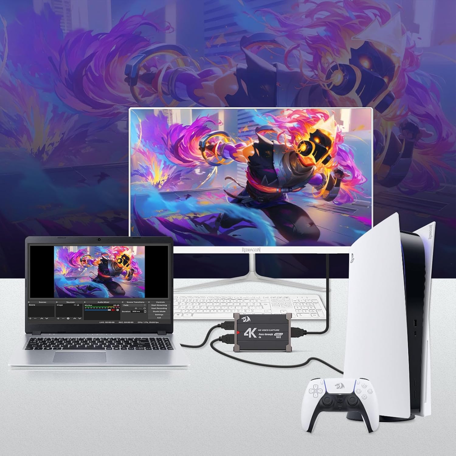 Redragon VC321 4K Video Capture Card, USB 3.0 1080p 60fps Video Capture, 4K HDMI Pass-Through, Zero-Latency Streaming, Compatible with Windows/Mac, Game Capture for PS5, Xbox, NS, DSLR, OBS