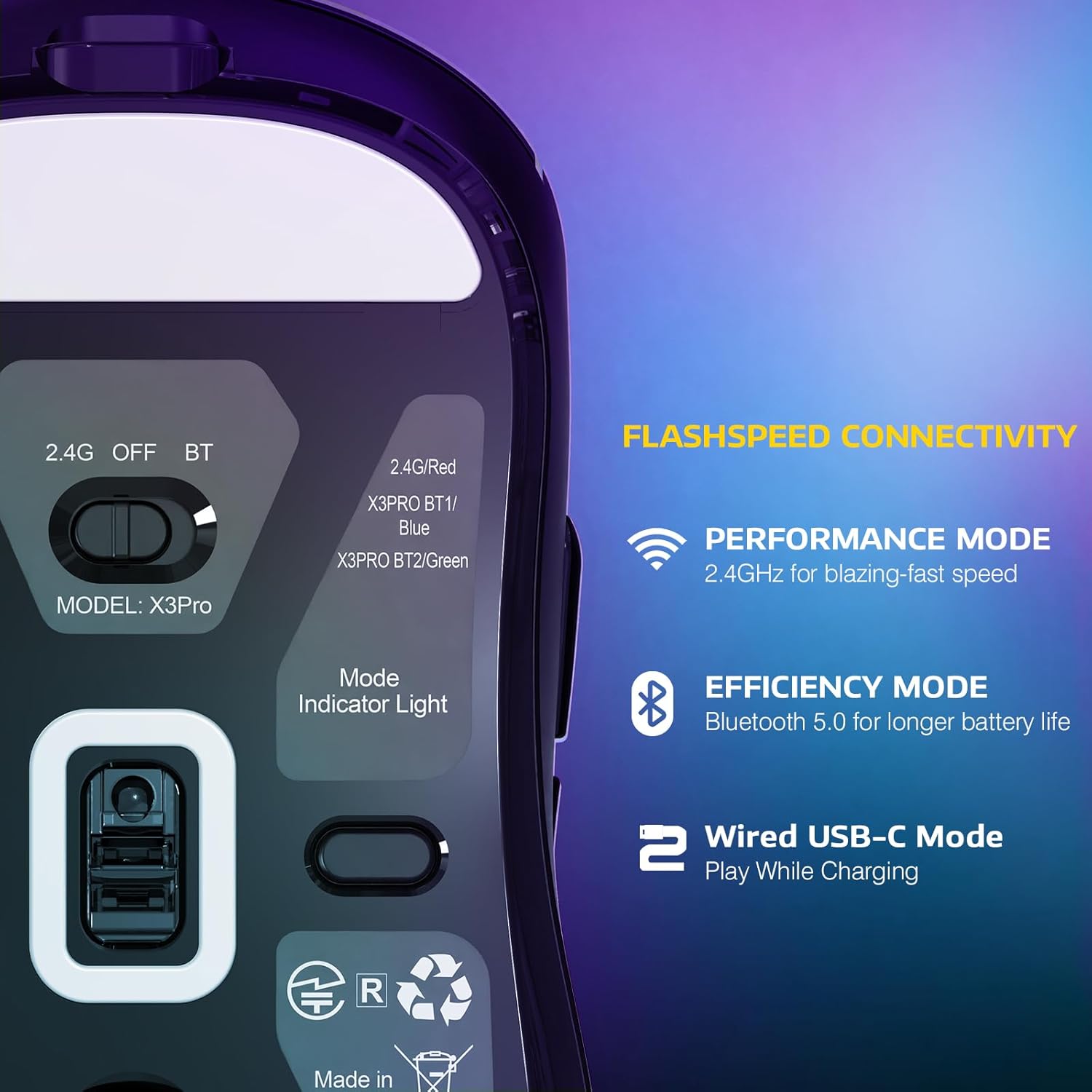 ATTACK SHARK X3PRO 4K/8K Lightweight Wireless Gaming Mouse with Tri-Mode(Wired/2.4GHz/BT),PAW3395 Optical Sensor,26K DPI,Kailh GM8.0 Switch,Long Battery,7 Buttons for PC/Laptop/Win/Mac(Black)