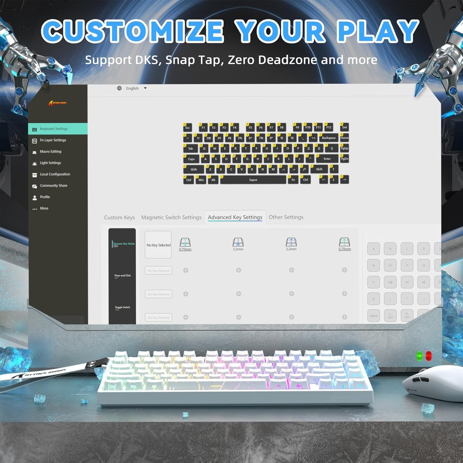 ATTACK SHARK R82HE Rapid Trigger Wired Mechanical Gaming Keyboard TKL NKRO with 8K Polling,0.005mm RT Accuracy,256K Scan Rate,5 Layer Sound Damped,Hall Effect Magnetic Switch for PC Mac(White Contour)