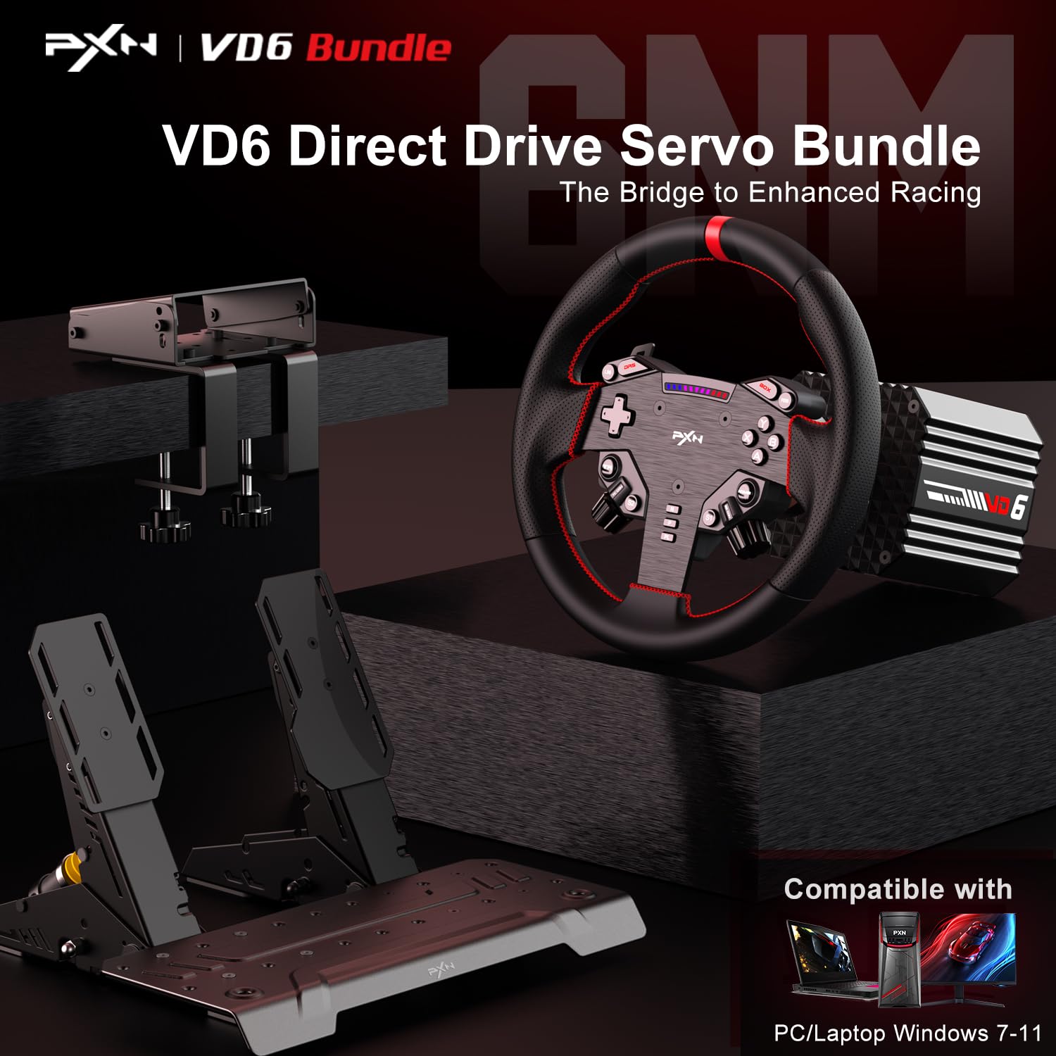 PXN VD6 Bundle: PC Steering Wheel and Pedals – 6 Nm Direct Drive Servo Motor Base, W AS Racing Wheel, Hall Effect 2-Pedal Set, and Table Clamp – Professional Sim Racing Setup for Windows PC (7–11)