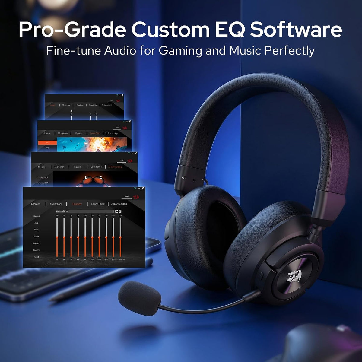 Redragon H889 Wireless Gaming Headset, 4-in-1 (2.4G/BT/USB/3.5mm), 51H Battery & Play-While-Charging, 7.1 Spatial Audio & 53mm Drivers, Detachable Mic, Multi-Platform Headphone for PC/PS5/NS/Mobile