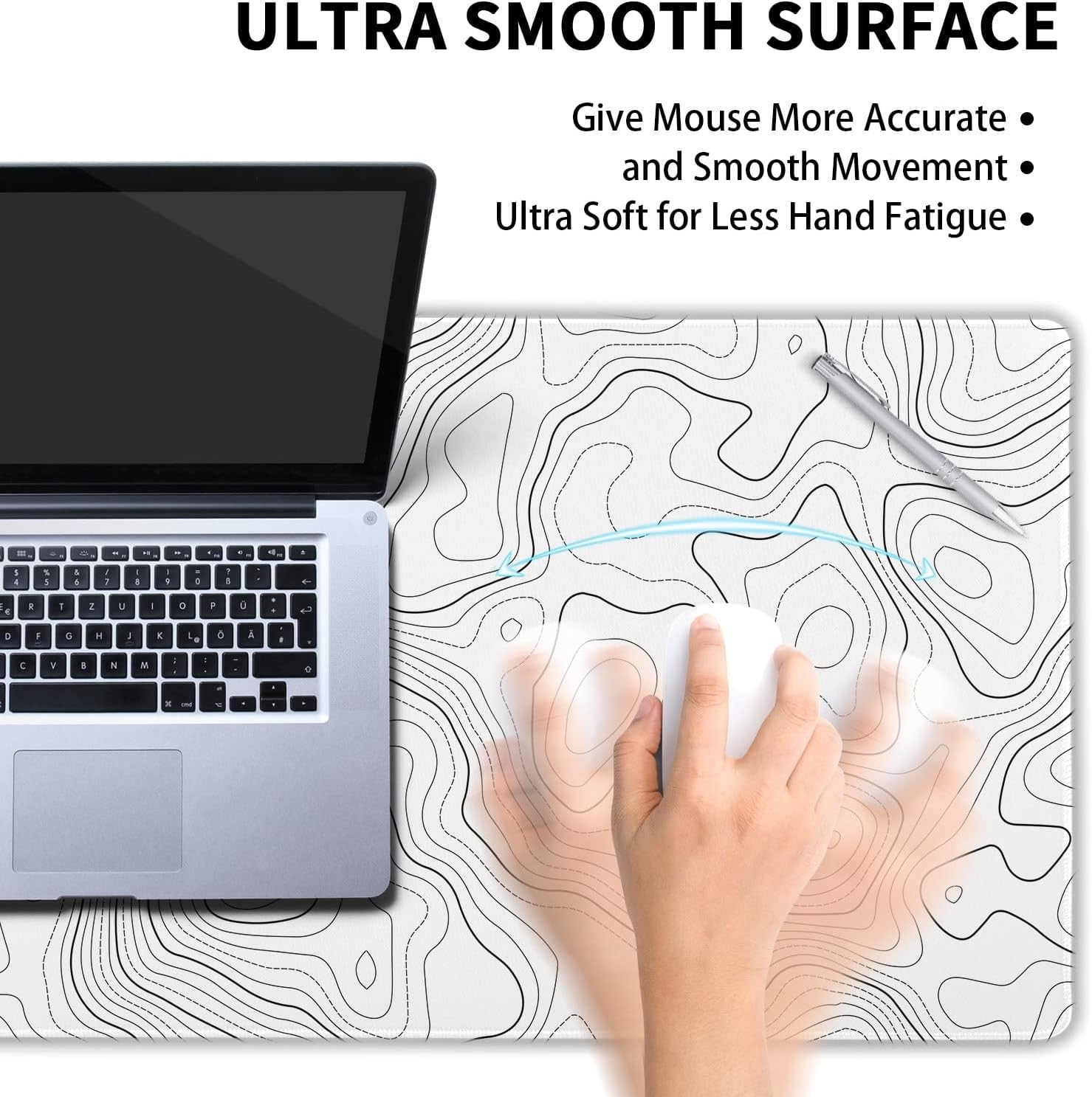 Topographic Map Large Mouse Pad XXL White Lines Contour Geographic Extended Large Desk Mat Big Desk Pad (90X40 CM)(4 MM) Non-Slip Rubber Base Stitched Edge Long Mousepad,35.4 x 15.7 Inch
