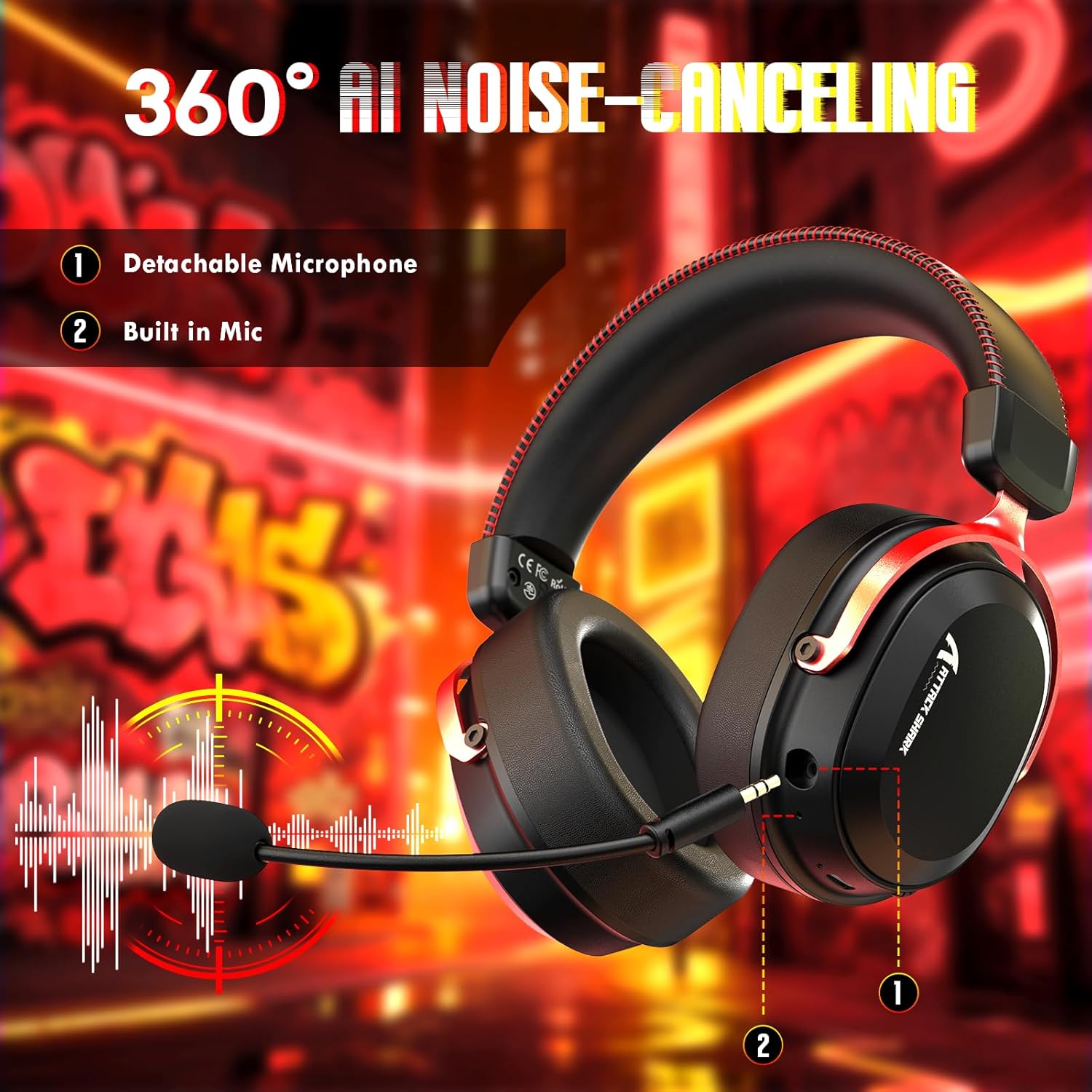 ATTACK SHARK L30Pro Wireless Gaming Headset with 2.4Ghz/BT/Wired, Long Battery Life with Detachable Microphone 7.1 Surround Sound Ultra-Low Latency for PC/PS5/Xbox/Switch/Mobile Black&Red