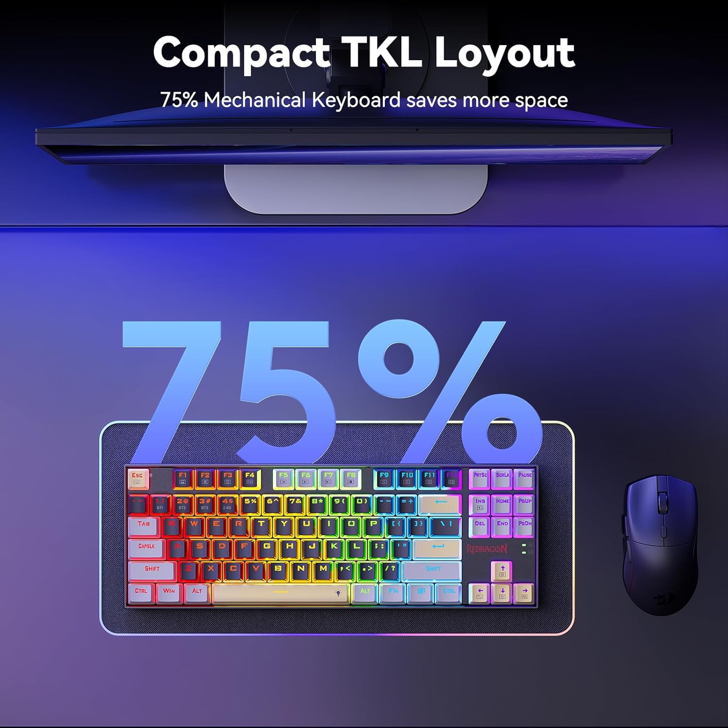 Redragon Wireless Gaming Keyboard, BT/2.4Ghz Tri-Mode Mechanical Keyboard with Aluminum Pannel, Hot-Swap Red Switch, Programmable 87 Keys TKL, LED Rainbow Backlit - K552LGY-KRS (Eclipse Gilded)