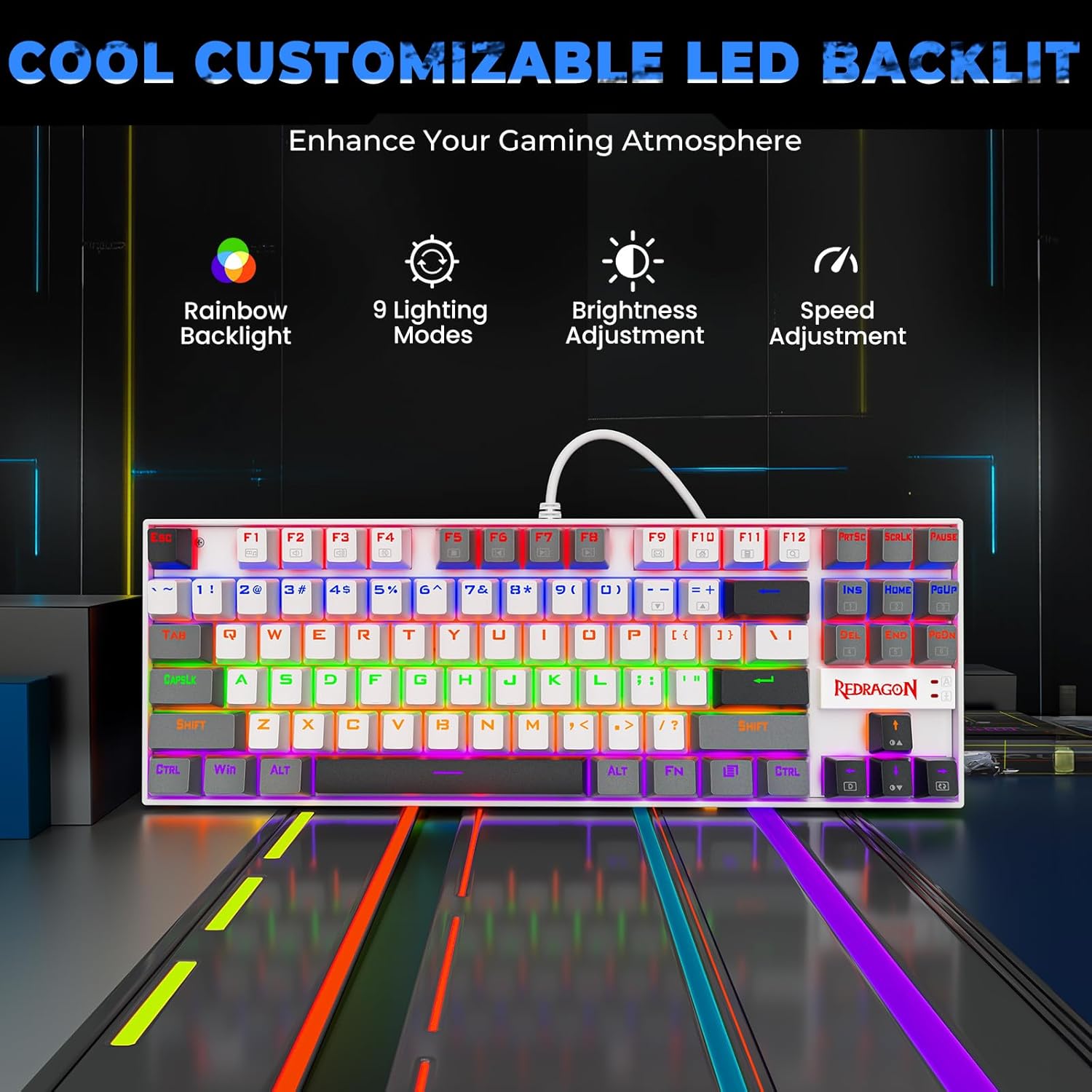 Redragon K552 Mechanical Gaming Keyboard, 87-Key Compact, LED Gaming Keyboard with Red Switches, Anti-Ghosting, Metal Frame for PC Gaming & Typing, Beginner-Friendly (Polar Monolith)