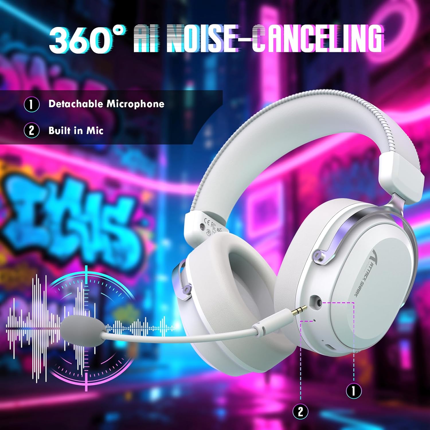 ATTACK SHARK L30Pro Wireless Gaming Headset with 2.4Ghz/BT/Wired, Long Battery Life with Detachable Microphone 7.1 Surround Sound Ultra-Low Latency for PC/PS5/Xbox/Switch/Mobile Silver