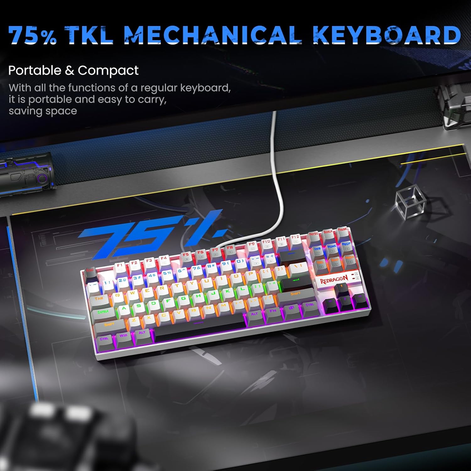 Redragon K552 Mechanical Gaming Keyboard, 87-Key Compact, LED Gaming Keyboard with Red Switches, Anti-Ghosting, Metal Frame for PC Gaming & Typing, Beginner-Friendly (Polar Monolith)