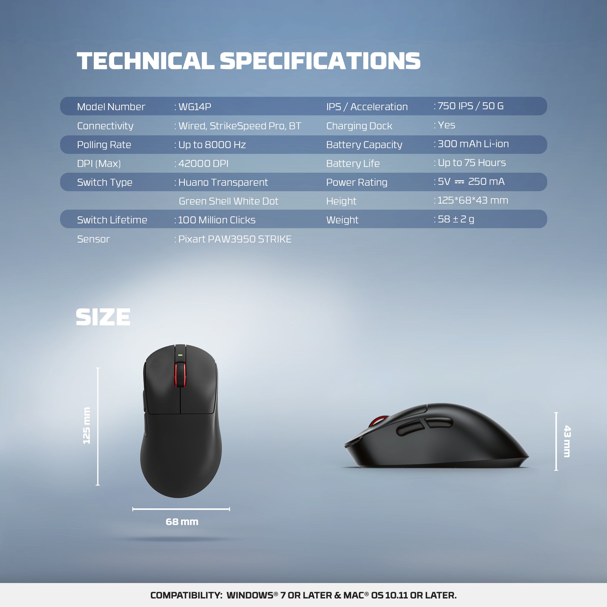FANTECH WG14P Lightweight Wireless Gaming Mouse PAW3950 Sensor 8KHz Polling Mice With RGB Charging Dock For FPS Gamers