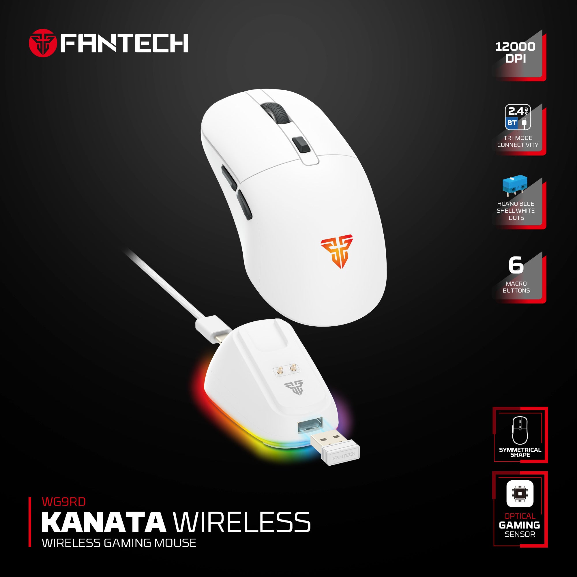 FANTECH WG9RD Wireless Gaming Mouse with Charging Magnetic Base Three Mode 12000DPI Customized E-sports Gamer Mouse