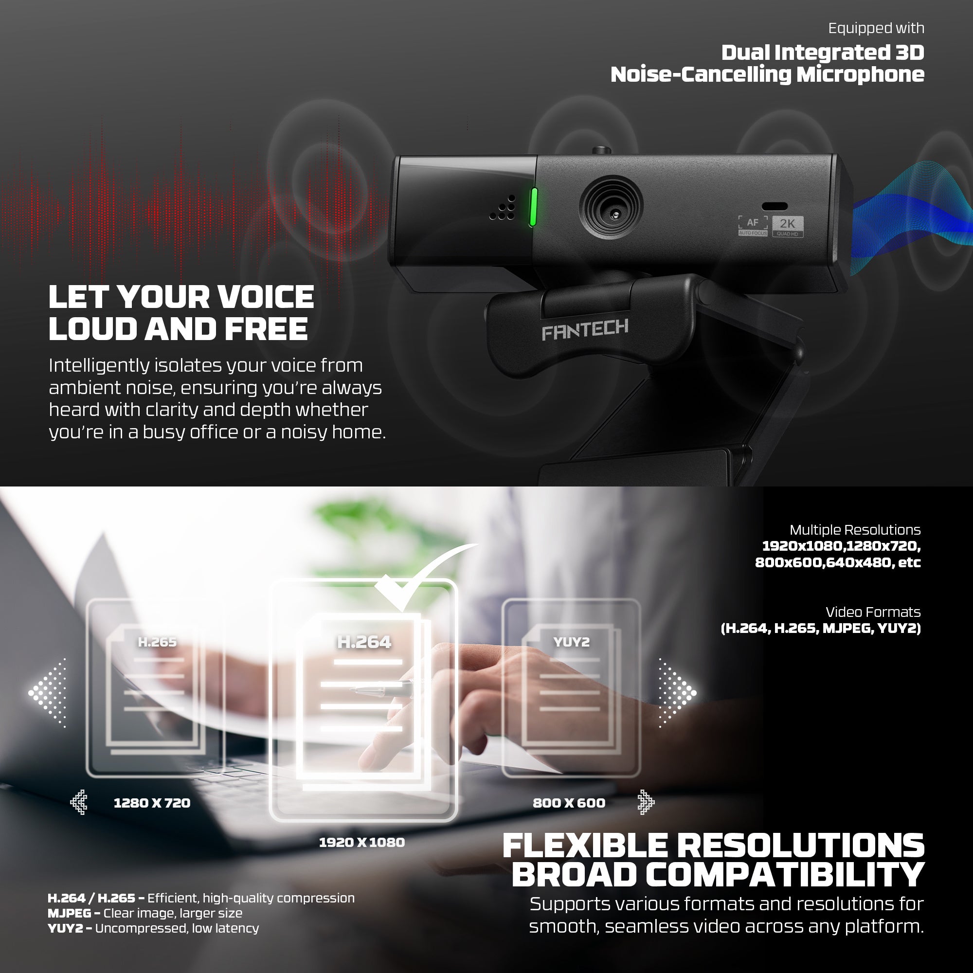 Fantech Luminous C50 Quad High-Definition Webcam 2K Quad-HD Support 60 FPS & 3D Noise Cancelling Mic