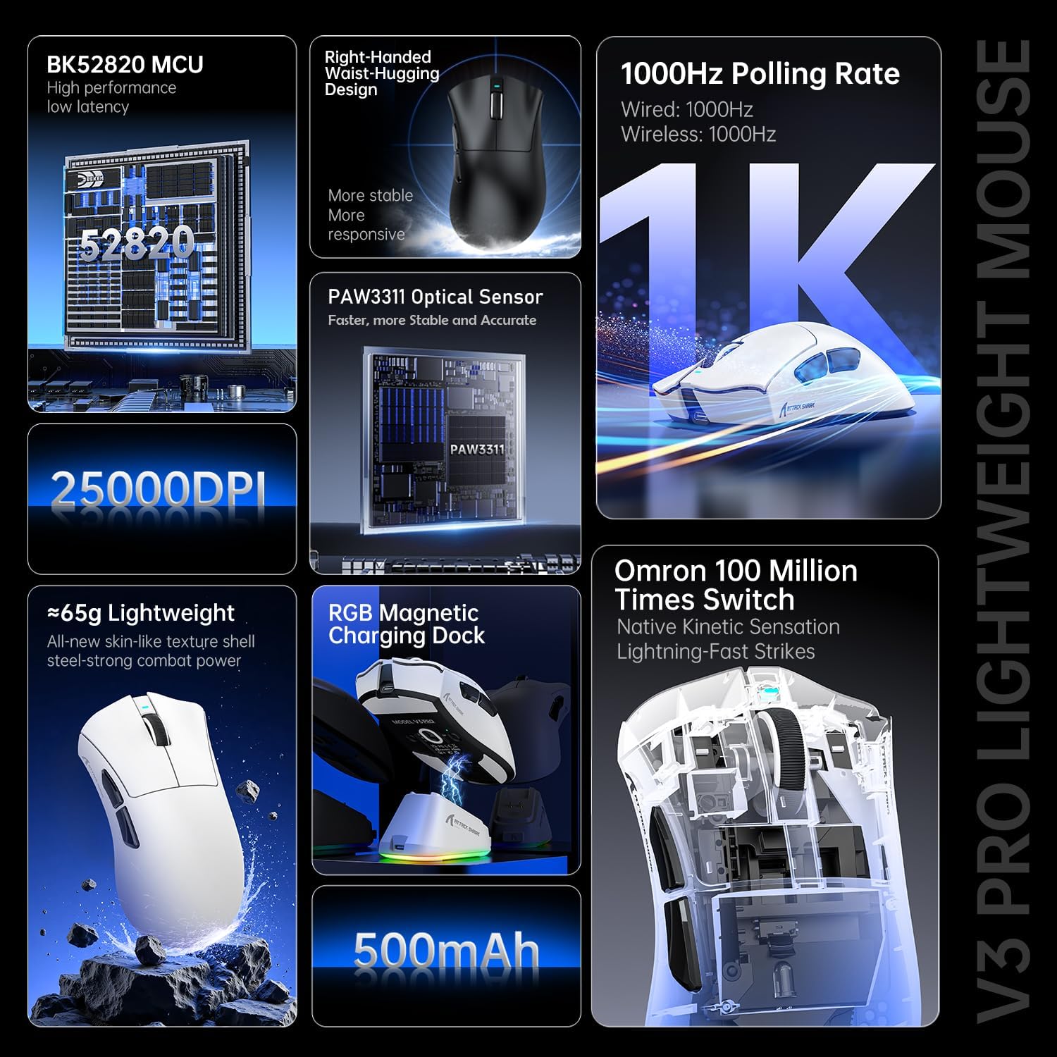 ATTACK SHARK V3PRO Wireless Esports Gaming Mouse with Magnetic Charging Dock:62g Lightweight-1K Polling-25K DPI-PAW3311 Sensor,Wired/BT/2.4Ghz Programmable,BK52820 IC for PC Laptop Gamer(Black+Tape)