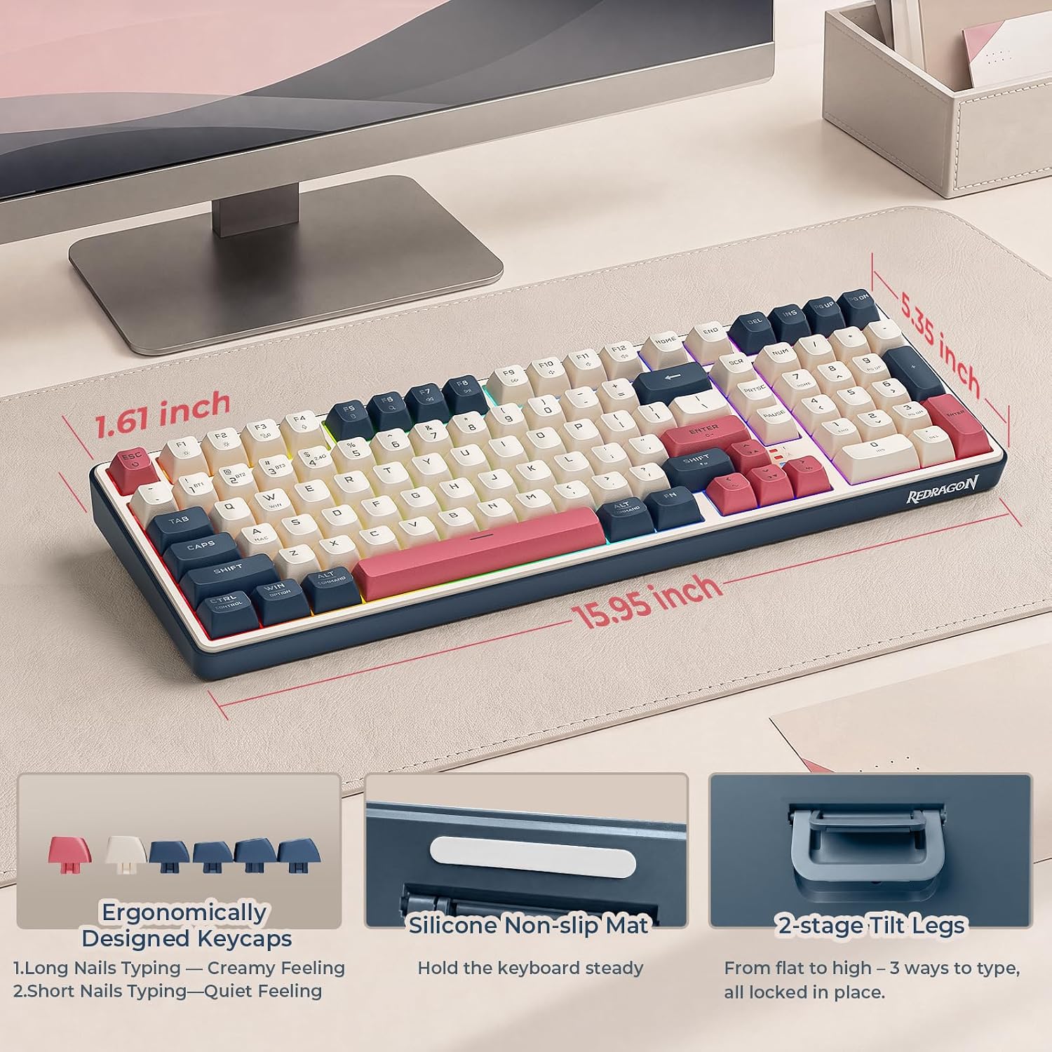 Redragon S174 Gaming Keyboard and Mouse Wireless with Tri-Mode, RGB Keyboard and 5000 DPI 61G Ultra-Light Gaming Mouse, Computer Keyboard Creamy Cute with Number Pad BT/2.4GHz/USB-C - Beige