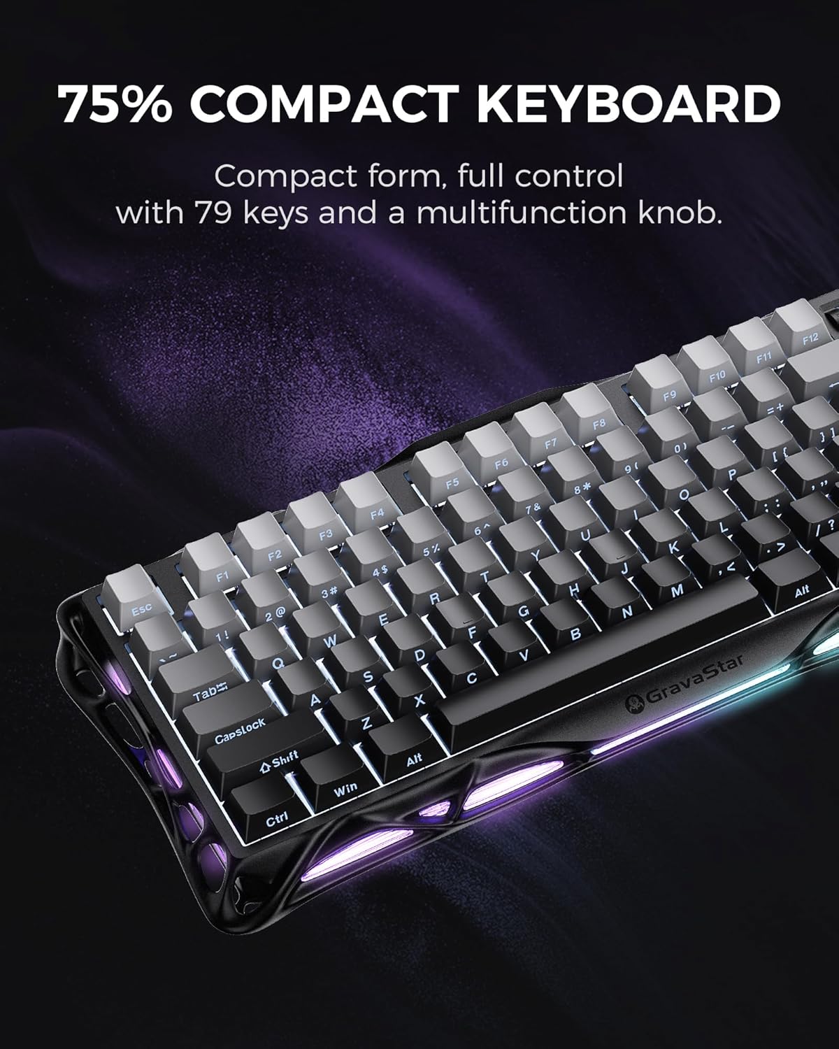 GravaStar Mercury K1 75% Wireless Mechanical Gaming Keyboard, Aluminum Alloy, Gasket Compact Custom Keyboard Hot-Swap Socket, Linear Switches, RGB Backlit - Gradient Black
