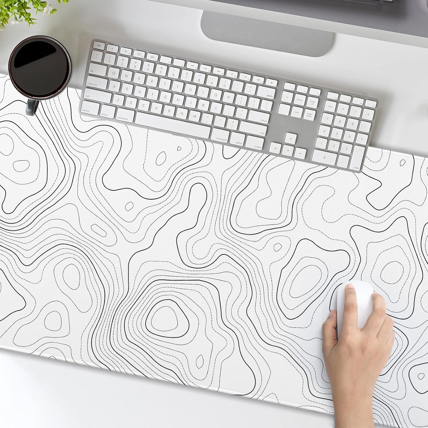 Topographic Map Large Mouse Pad XXL White Lines Contour Geographic Extended Large Desk Mat Big Desk Pad (90X40 CM)(4 MM) Non-Slip Rubber Base Stitched Edge Long Mousepad,35.4 x 15.7 Inch