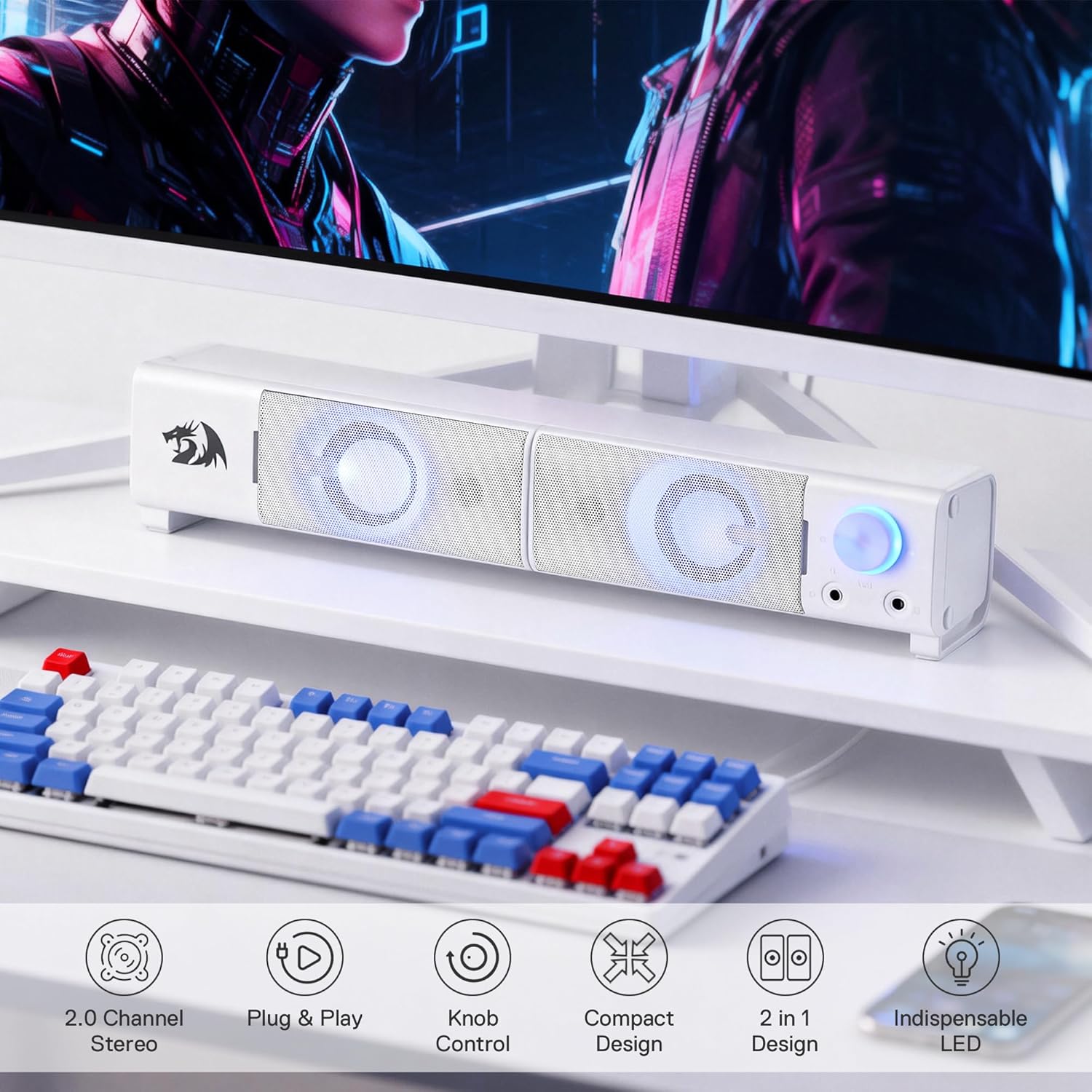 Redragon GS550 PC Gaming Speakers, 2.0 Channel Desktop Computer Sound Bar with Compact Maneuverable Size, Headphone Jack, Quality Bass & Decent Red Backlit, USB Powered w/ 3.5mm Cable, White
