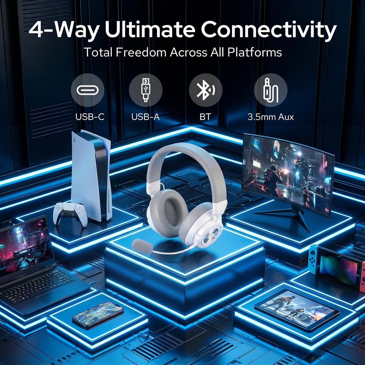 Redragon H889 Wireless Gaming Headset, 4-in-1 (2.4G/BT/USB/3.5mm), 51H Battery & Play-While-Charging, 7.1 Spatial Audio & 53mm Drivers, Detachable Mic, Multi-Platform Headphone for PC/PS5/NS/Mobile
