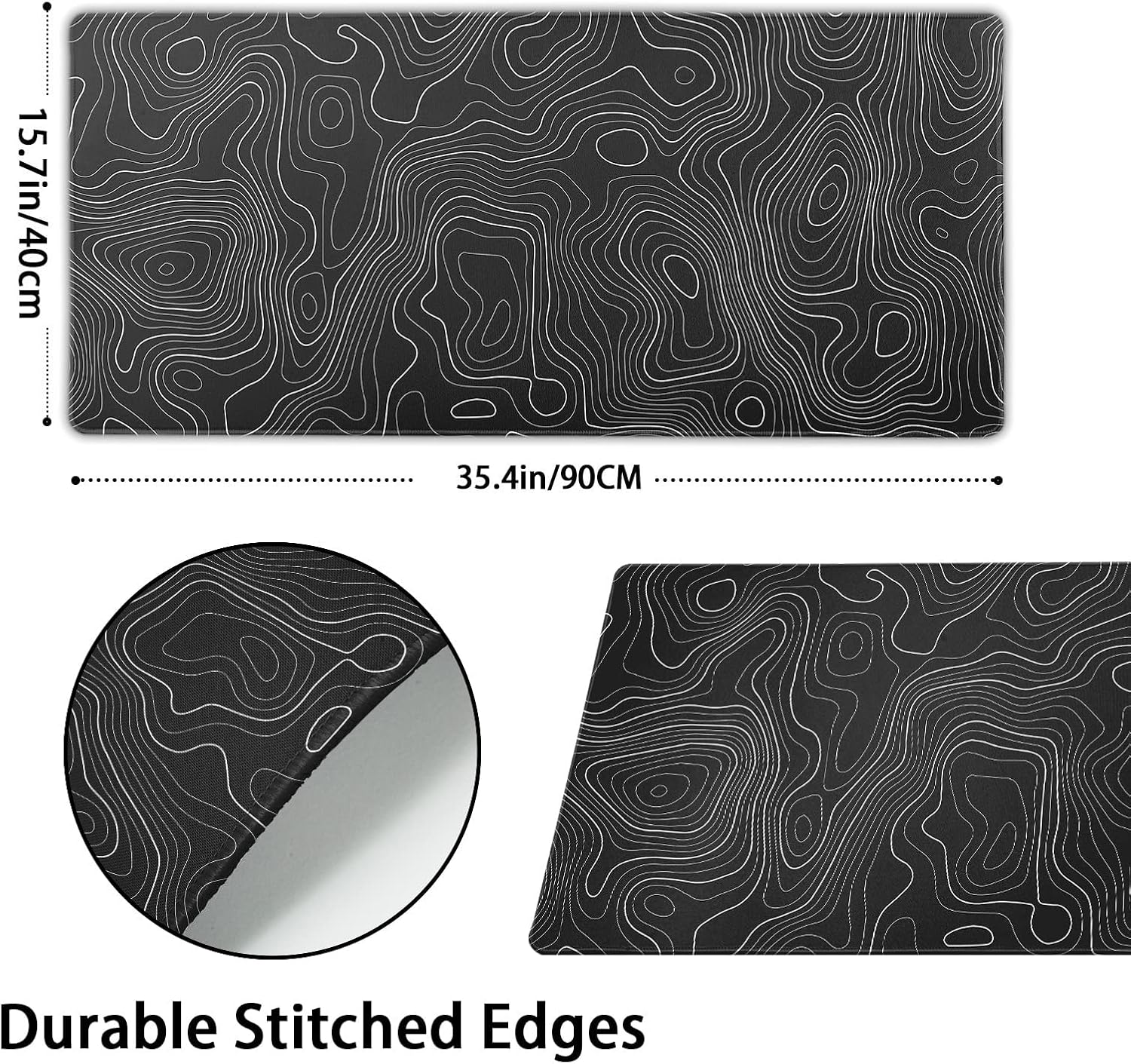 Topographic Map Large Mouse Pad XXL Black Lines Contour Geographic Extended Large Desk Mat Big Desk Pad (90X40 CM)(4 MM) Non-Slip Rubber Base Stitched Edge Long Mousepad,35.4 x 15.7 Inch