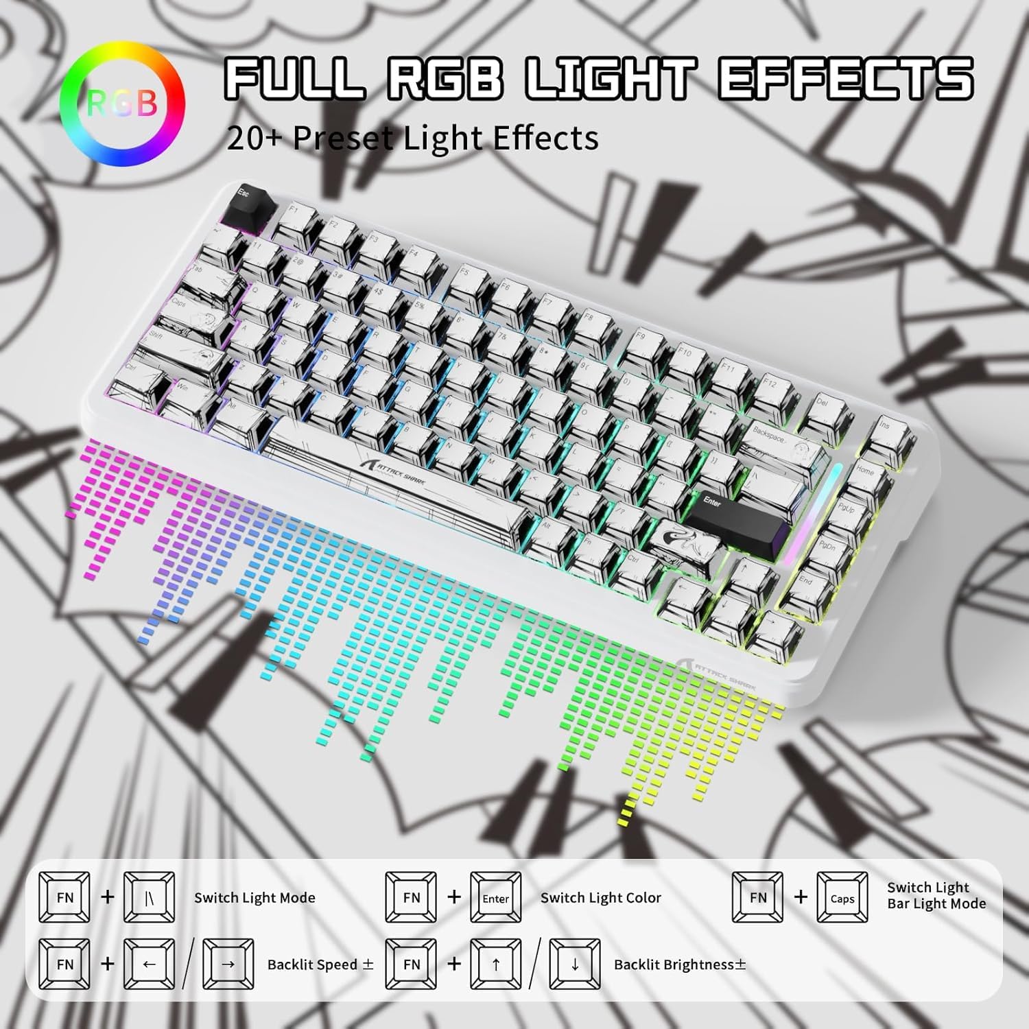 ATTACK SHARK X82PRO HE Wireless Rapid Trigger RGB Mechanical Gaming Keyboard with Adjustable Actuation,2.4G/Wired/BT,8K Polling Rate,Hall Effect Magnetic Switch,5000mAh Battery for PC FPS(White Anime)