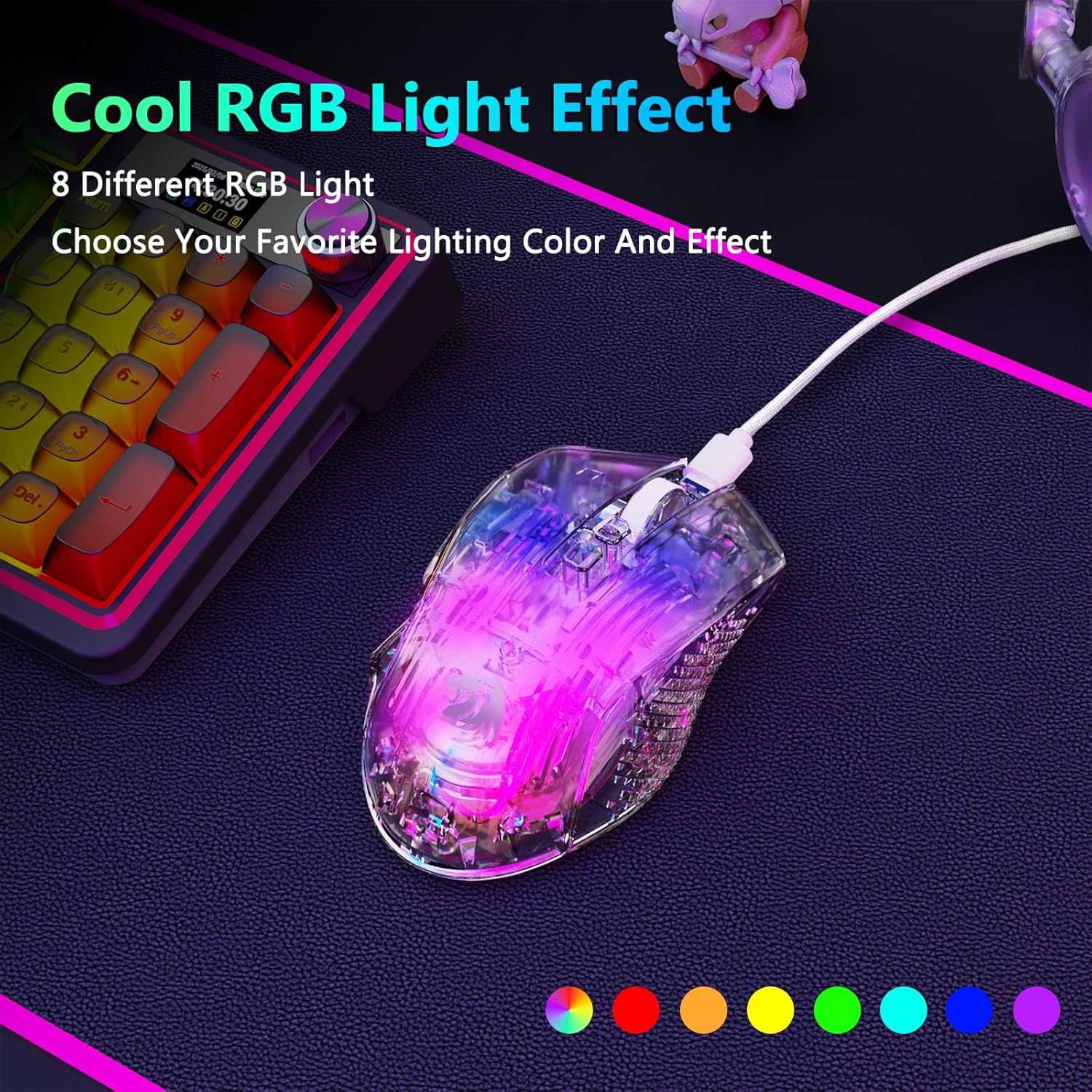 Redragon Wired Gaming Mouse, 24,000 DPI, 7 Programmable Button, 2 Side Buttons, 8 RGB LED Backlit Mode, Clear Transparent Shell, Light up Gamer Mice, Soft Cable for PC/Mac/Xbox, White
