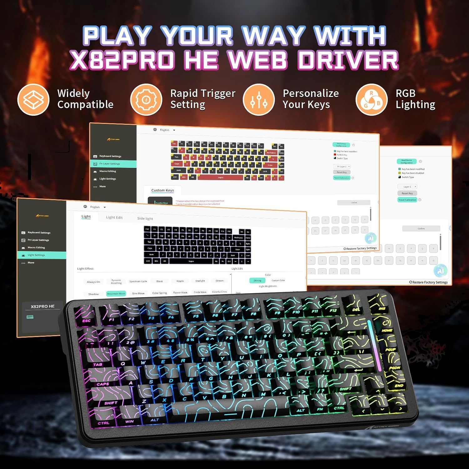 ATTACK SHARK X82 PRO HE Wireless Rapid Trigger RGB Mechanical Gaming Keyboard with Adjustable Actuation,2.4G/Wired/BT,8K Polling Rate,Hall Effect Magnetic Switch,5000mAh Battery for FPS(Black Contour)