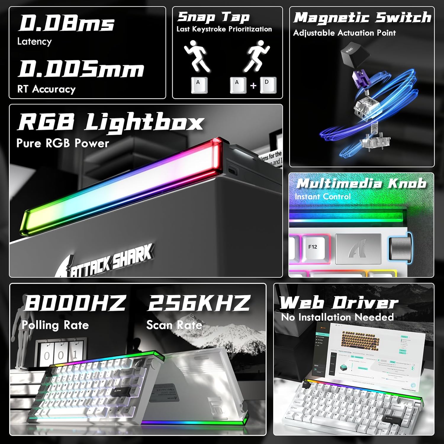 ATTACK SHARK R85 HE Wired 75% Hall Effect Rapid Trigger Mechanical RGB Gaming Keyboard with 8K Polling,0.05mm RT Accuracy,0.08MS Latency,Magnetic Switch,5 Layer Sound Damped,Driver for PC(Star White)