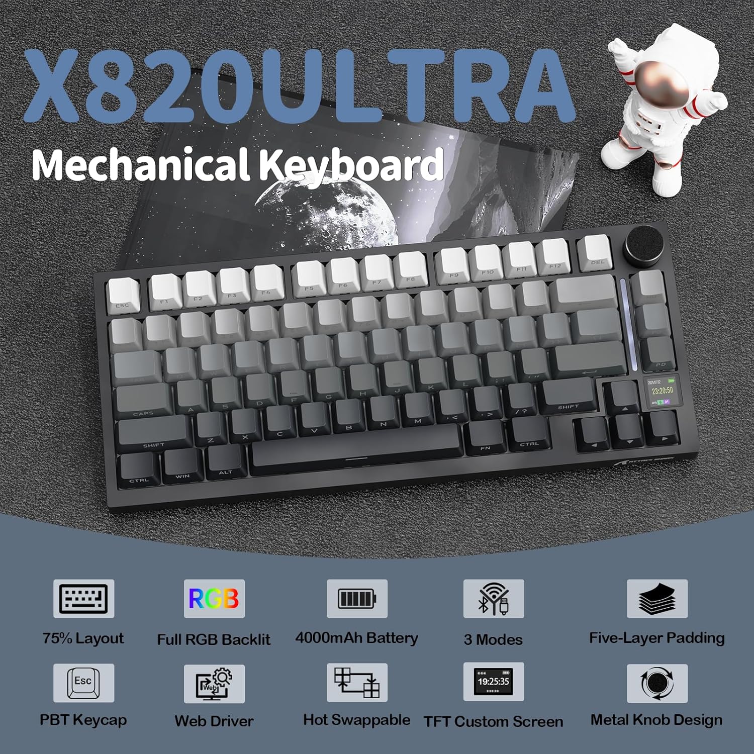 ATTACK SHARK X820 Ultra 75% Wireless Gaming Mechanical Keyboard Hot-Swappable Gasket Mount RGB Backlit BT/2.4G/Wired Custom Keyboard with Smart TFT Display&Knob QMK Driver-Moonlit Night&Gift Switch