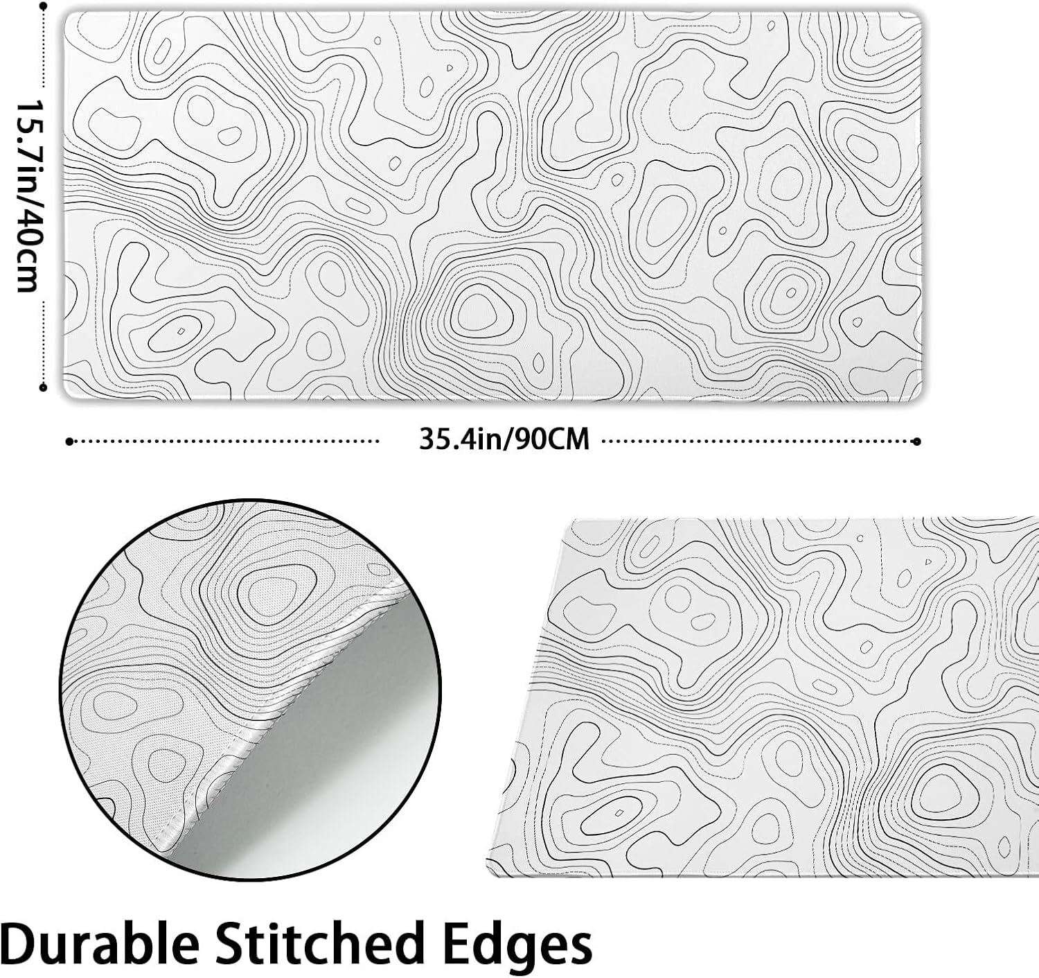 Topographic Map Large Mouse Pad XXL White Lines Contour Geographic Extended Large Desk Mat Big Desk Pad (90X40 CM)(4 MM) Non-Slip Rubber Base Stitched Edge Long Mousepad,35.4 x 15.7 Inch