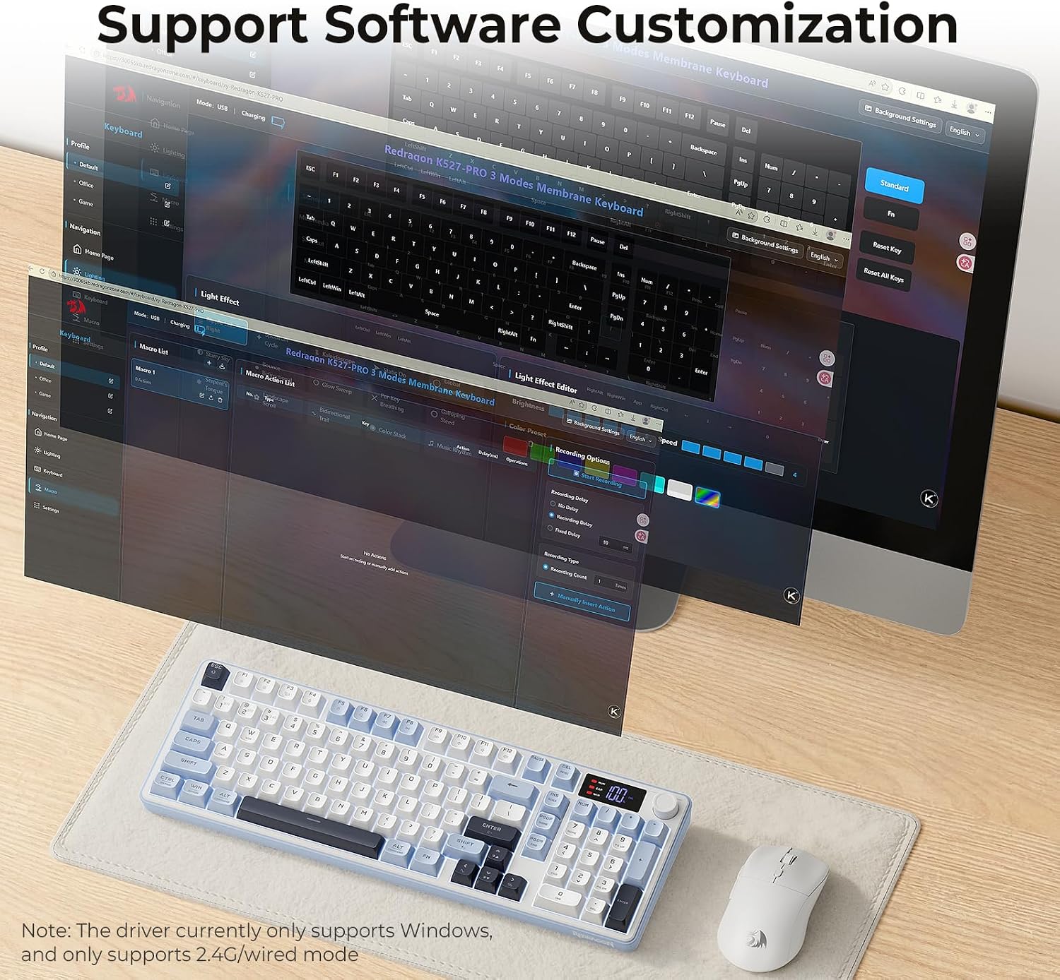 Redragon Wireless Gaming Keyboard, 98-Key Tri-Mode (BT/2.4G/Wired) RGB Computer Keyboard with Knob & Display, Fade-Resistant PBT Keycaps & 4000mAh Battery, Compatible with Windows/Mac - White Blue