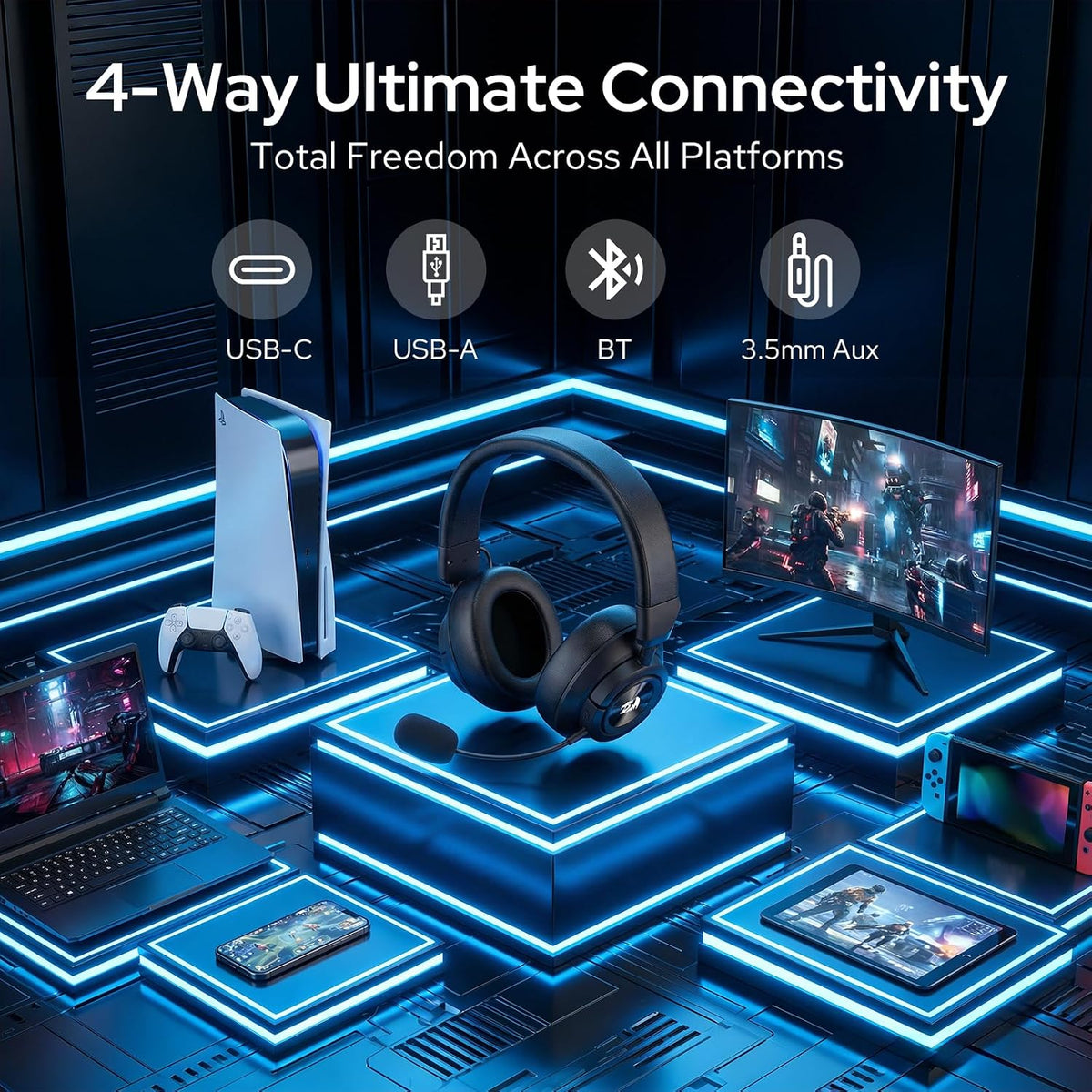Redragon H889 Wireless Gaming Headset, 4-in-1 (2.4G/BT/USB/3.5mm), 51H Battery & Play-While-Charging, 7.1 Spatial Audio & 53mm Drivers, Detachable Mic, Multi-Platform Headphone for PC/PS5/NS/Mobile
