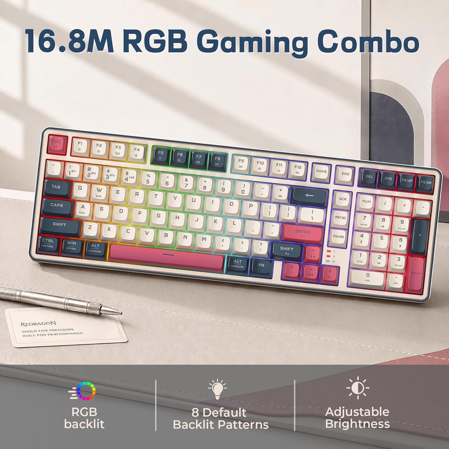 Redragon S174 Gaming Keyboard and Mouse Wireless with Tri-Mode, RGB Keyboard and 5000 DPI 61G Ultra-Light Gaming Mouse, Computer Keyboard Creamy Cute with Number Pad BT/2.4GHz/USB-C - Beige