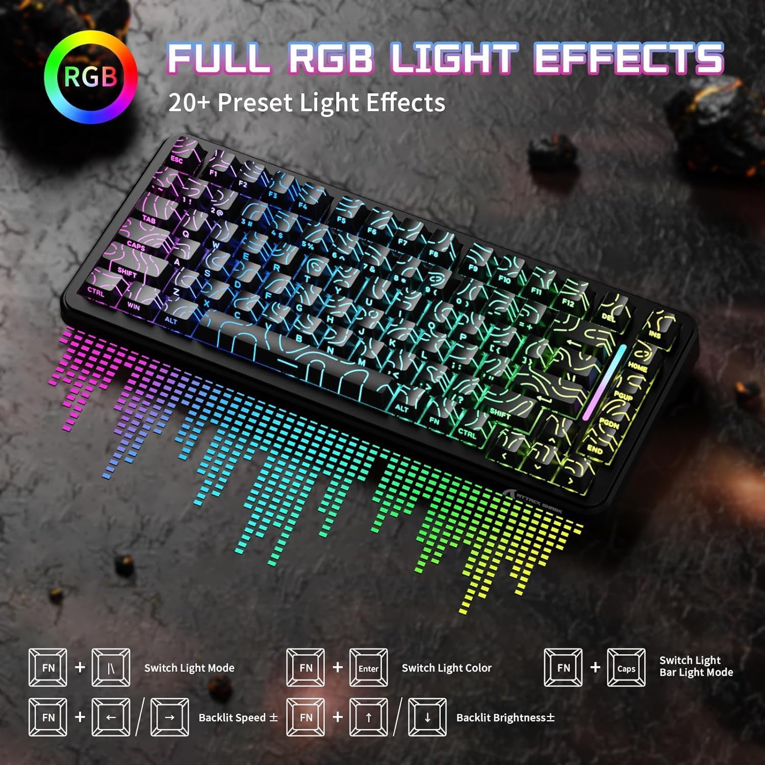 ATTACK SHARK X82 PRO HE Wireless Rapid Trigger RGB Mechanical Gaming Keyboard with Adjustable Actuation,2.4G/Wired/BT,8K Polling Rate,Hall Effect Magnetic Switch,5000mAh Battery for FPS(Black Contour)