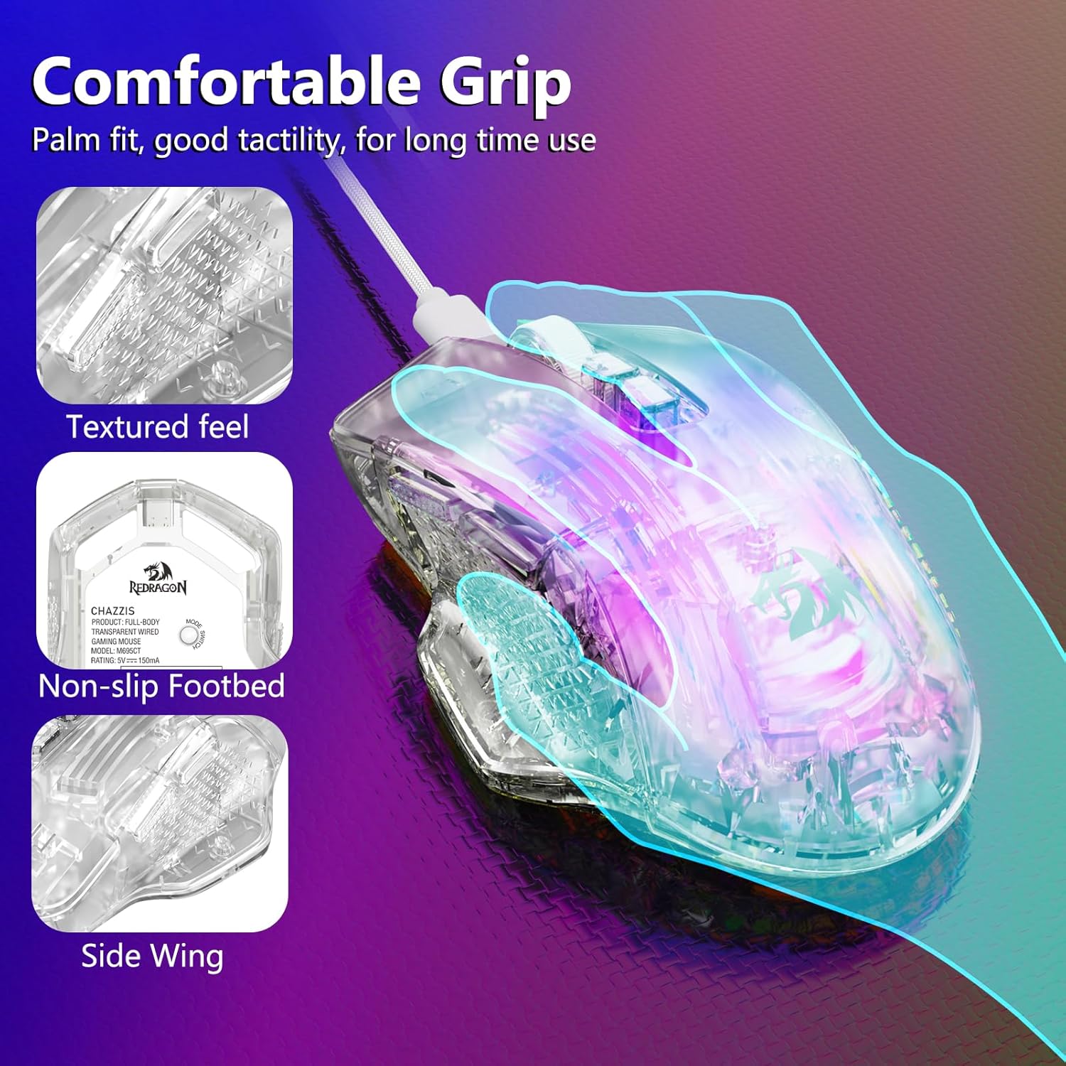 Redragon Wired Gaming Mouse, 24,000 DPI, 7 Programmable Button, 2 Side Buttons, 8 RGB LED Backlit Mode, Clear Transparent Shell, Light up Gamer Mice, Soft Cable for PC/Mac/Xbox, White