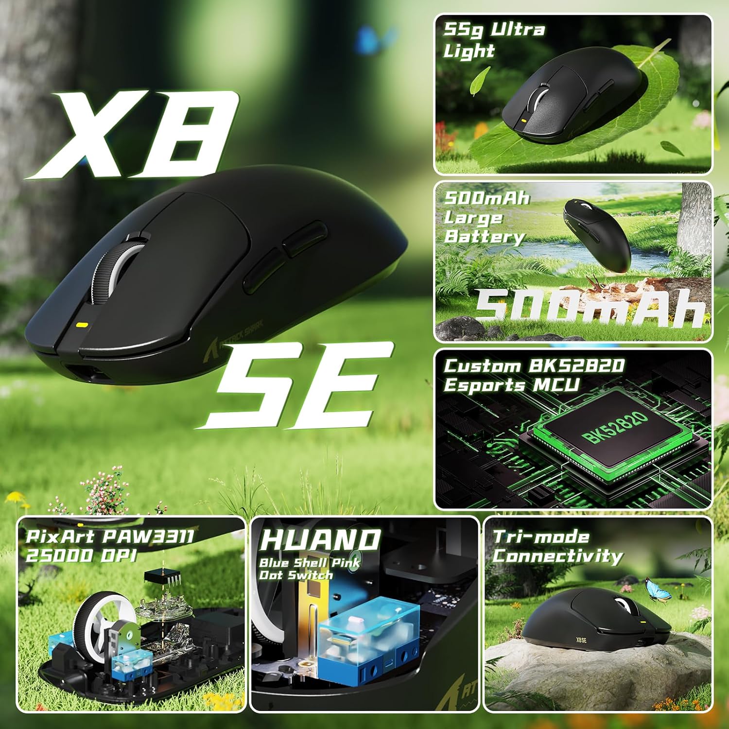 ATTACK SHARK X8 SE Wireless Gaming Mouse,55g Ultra-Lightweight Wired/BT/2.4GHz Wireless Programmable Mouse,1K Polling Rate,PixArt PAW3311 Gaming Sensor,25000 DPI,Gamer Mice for PC/Win/Mac (Black)
