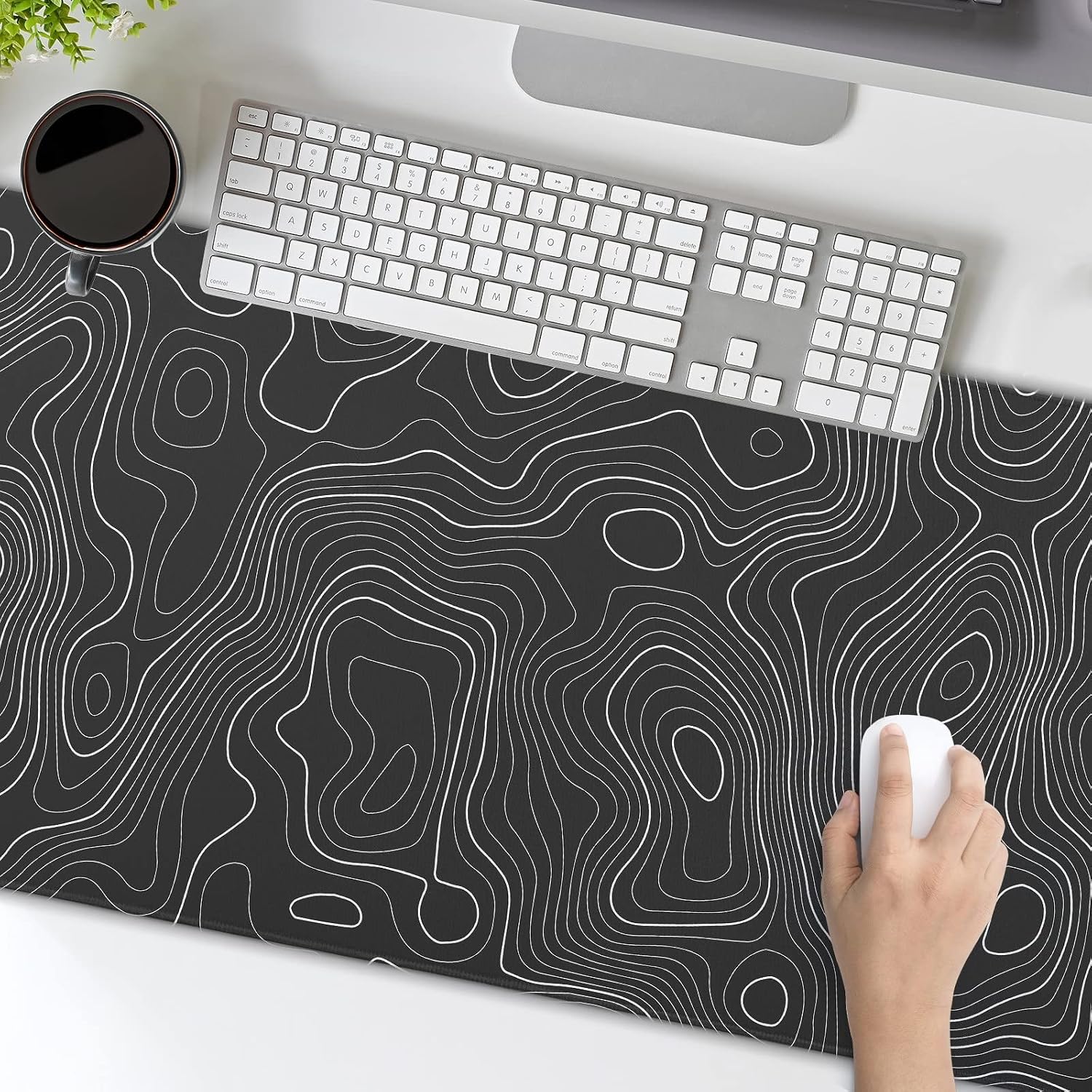 Topographic Map Large Mouse Pad XXL Black Lines Contour Geographic Extended Large Desk Mat Big Desk Pad (90X40 CM)(4 MM) Non-Slip Rubber Base Stitched Edge Long Mousepad,35.4 x 15.7 Inch