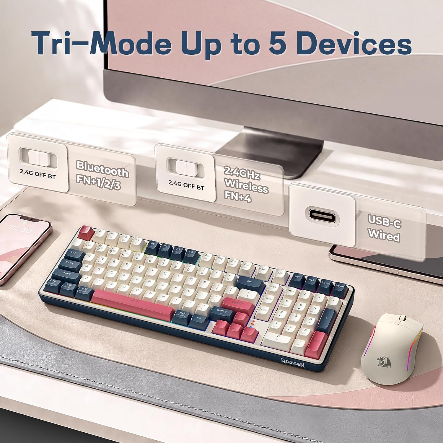 Redragon S174 Gaming Keyboard and Mouse Wireless with Tri-Mode, RGB Keyboard and 5000 DPI 61G Ultra-Light Gaming Mouse, Computer Keyboard Creamy Cute with Number Pad BT/2.4GHz/USB-C - Beige