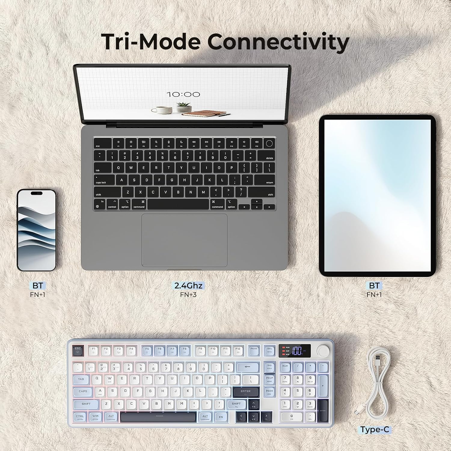 Redragon Wireless Gaming Keyboard, 98-Key Tri-Mode (BT/2.4G/Wired) RGB Computer Keyboard with Knob & Display, Fade-Resistant PBT Keycaps & 4000mAh Battery, Compatible with Windows/Mac - White Blue