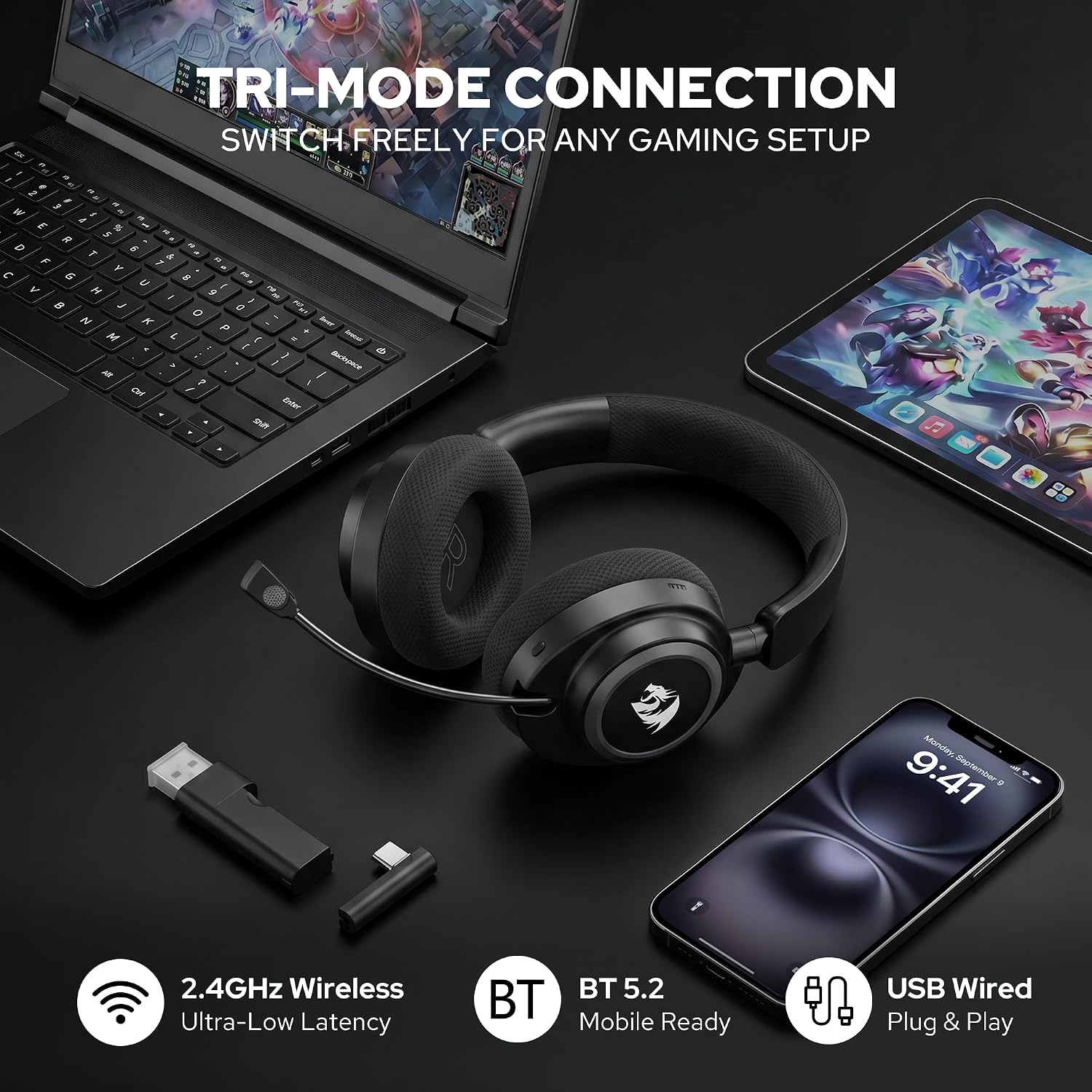 Redragon H891 Wireless Gaming Headset, Tri-Mode (2.4G/BT/Wired), 65H Battery, 50mm Drivers & 7.1 Surround Sound, Noise-Cancelling Retractable Mic, Compatible with PC, PS5, NS, Mac, Mobile