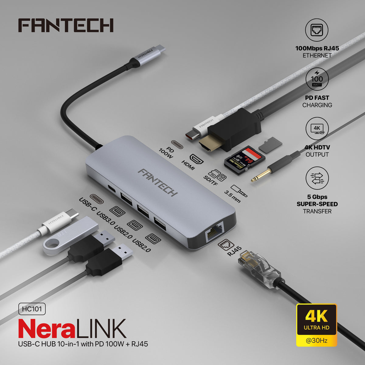 FANTECH HC101 Converter USB Hub Type C 10 in 1