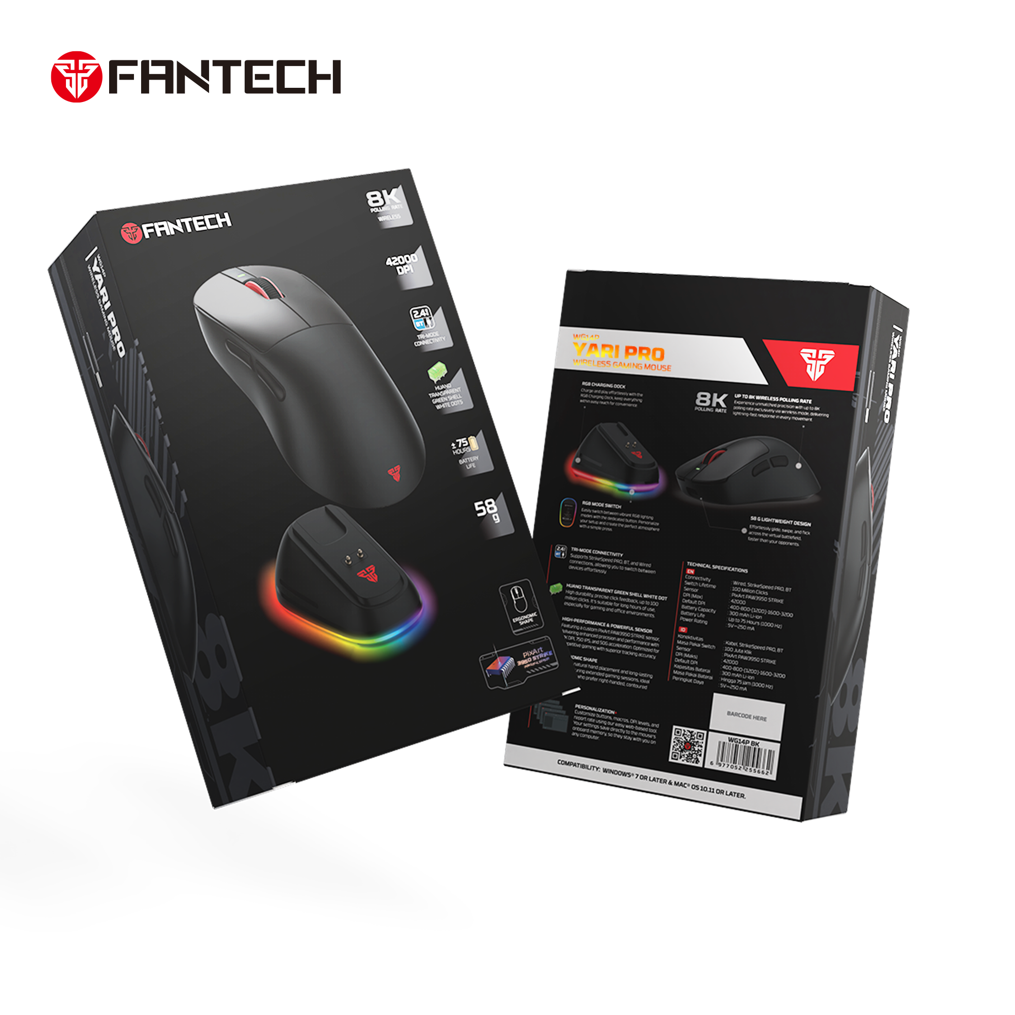 FANTECH WG14P Lightweight Wireless Gaming Mouse PAW3950 Sensor 8KHz Polling Mice With RGB Charging Dock For FPS Gamers