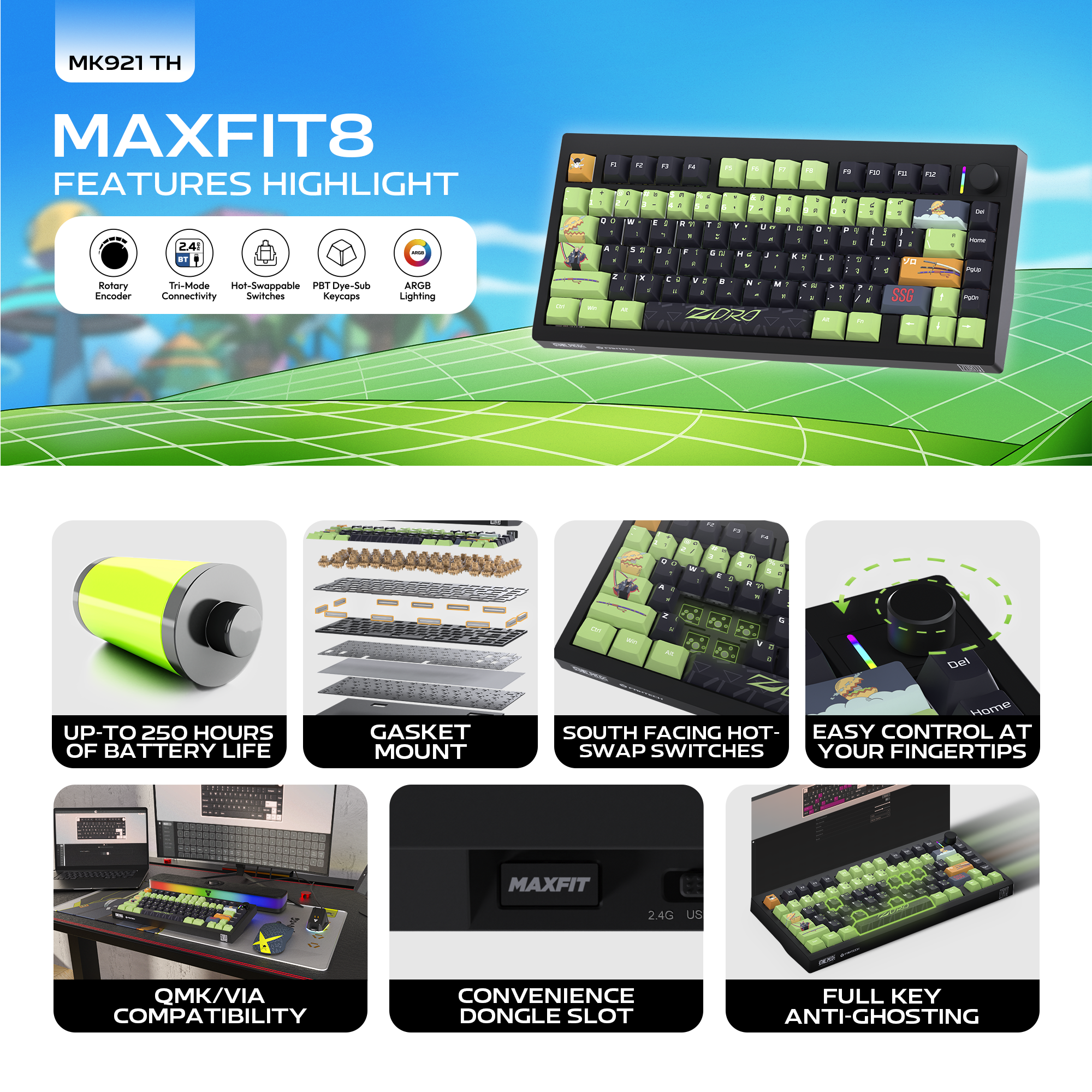 لوحة مفاتيح ميكانيكية Fantech MK921 MAXFIT8 QMK باللون الوردي