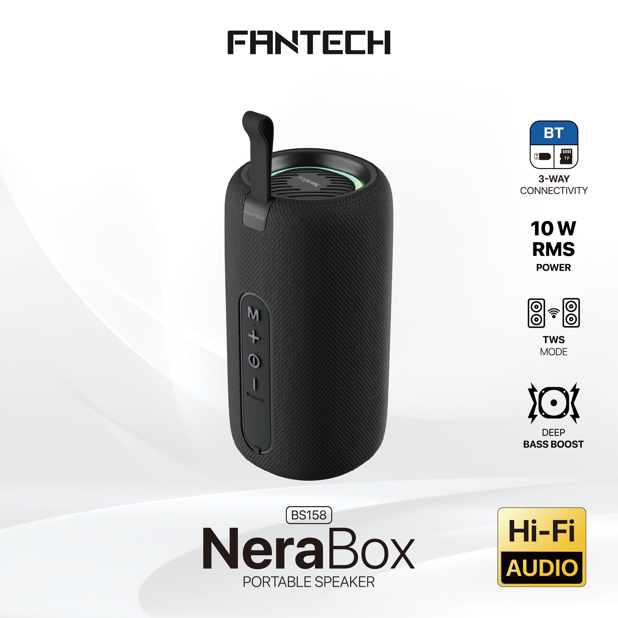 FANTECH BS159 True Wireless RMS Speaker TWS Deep Bass 10W 57mm Driver 4-Way Connectivity BT TF Card USB RGB Portable Speaker - Black
