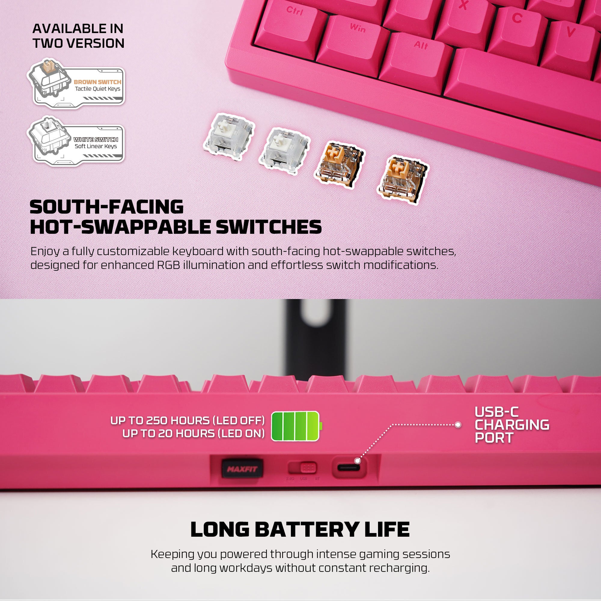 لوحة مفاتيح ميكانيكية Fantech MK921 MAXFIT8 QMK باللون الوردي