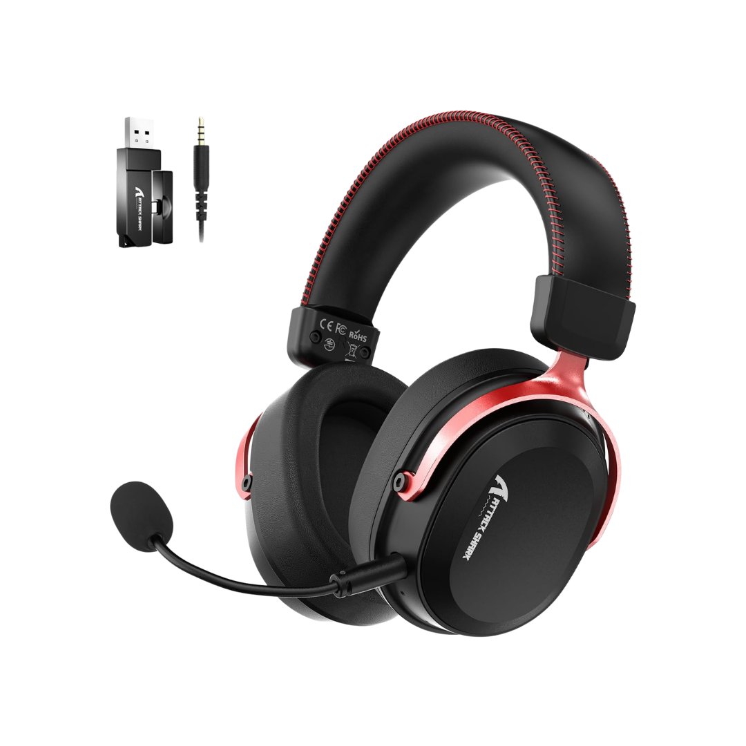 ATTACK SHARK L30Pro Wireless Gaming Headset with 2.4Ghz/BT/Wired, Long Battery Life with Detachable Microphone 7.1 Surround Sound Ultra-Low Latency for PC/PS5/Xbox/Switch/Mobile Black&Red