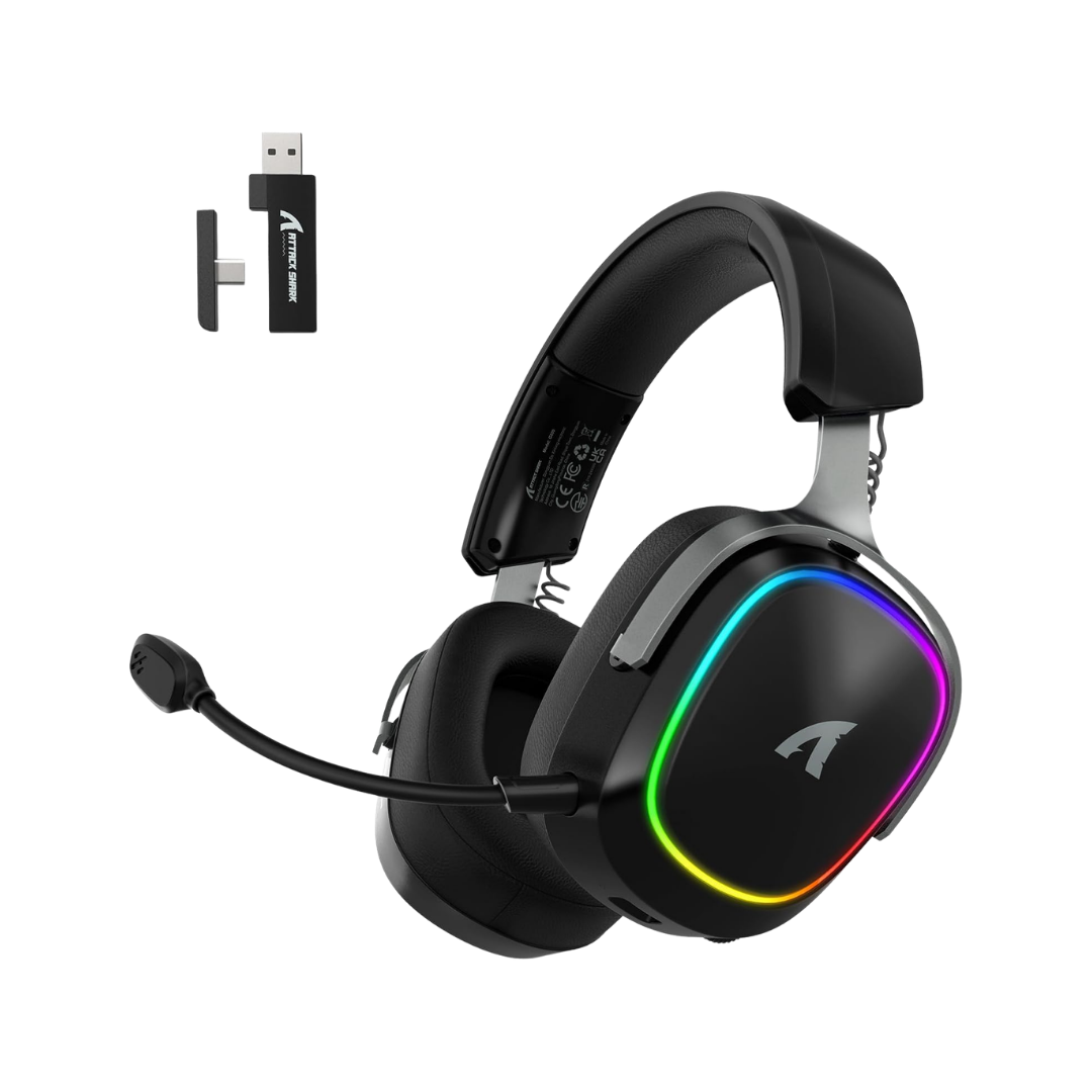 ATTACK SHARK G800 Wireless RGB Gaming Headset:7.1 Surround Sound-50mm Drivers-Memory Foam Ear Pads,Wired/2.4Ghz/BT,Ultralight,Durable Aluminum Frame,Detachable Mic,Programmable for PC Mac Gamer(Black)
