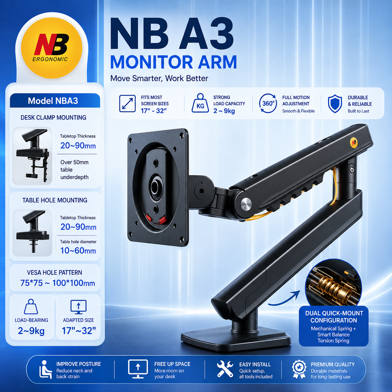 NORTH BAYOU NB A3 Monitor Stand, Monitor Arm, Suitable for 17–32 Inch Monitors, Easy Installation, Desk Clamp Base.